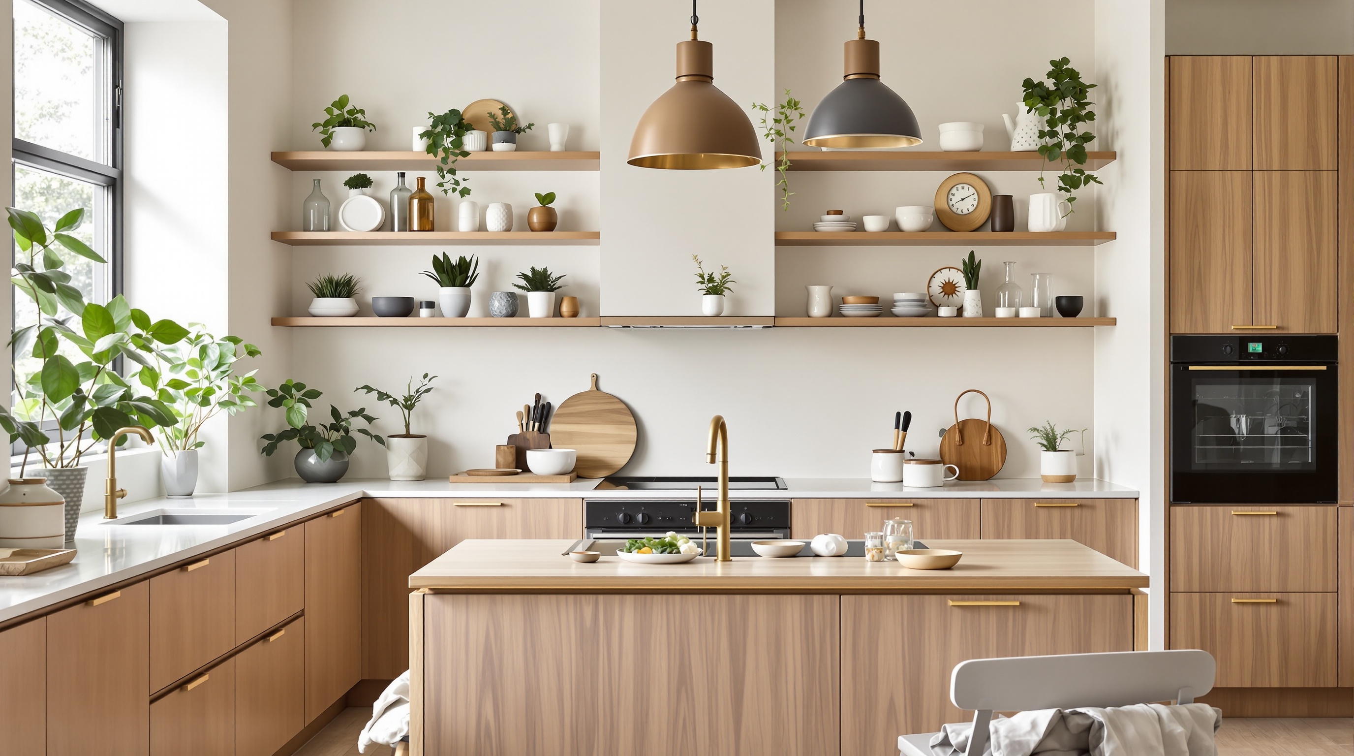 Cuisine taupe et bois tendance, touches de laiton, ambiance bohème chic