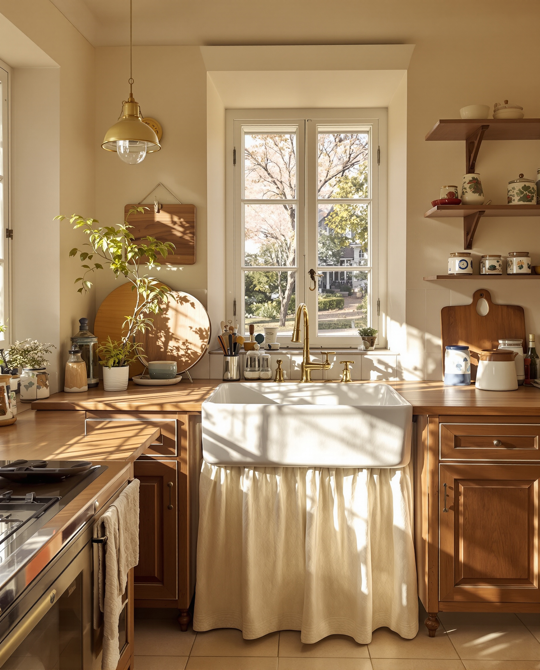 Cuisine vintage avec rideau sous évier en lin