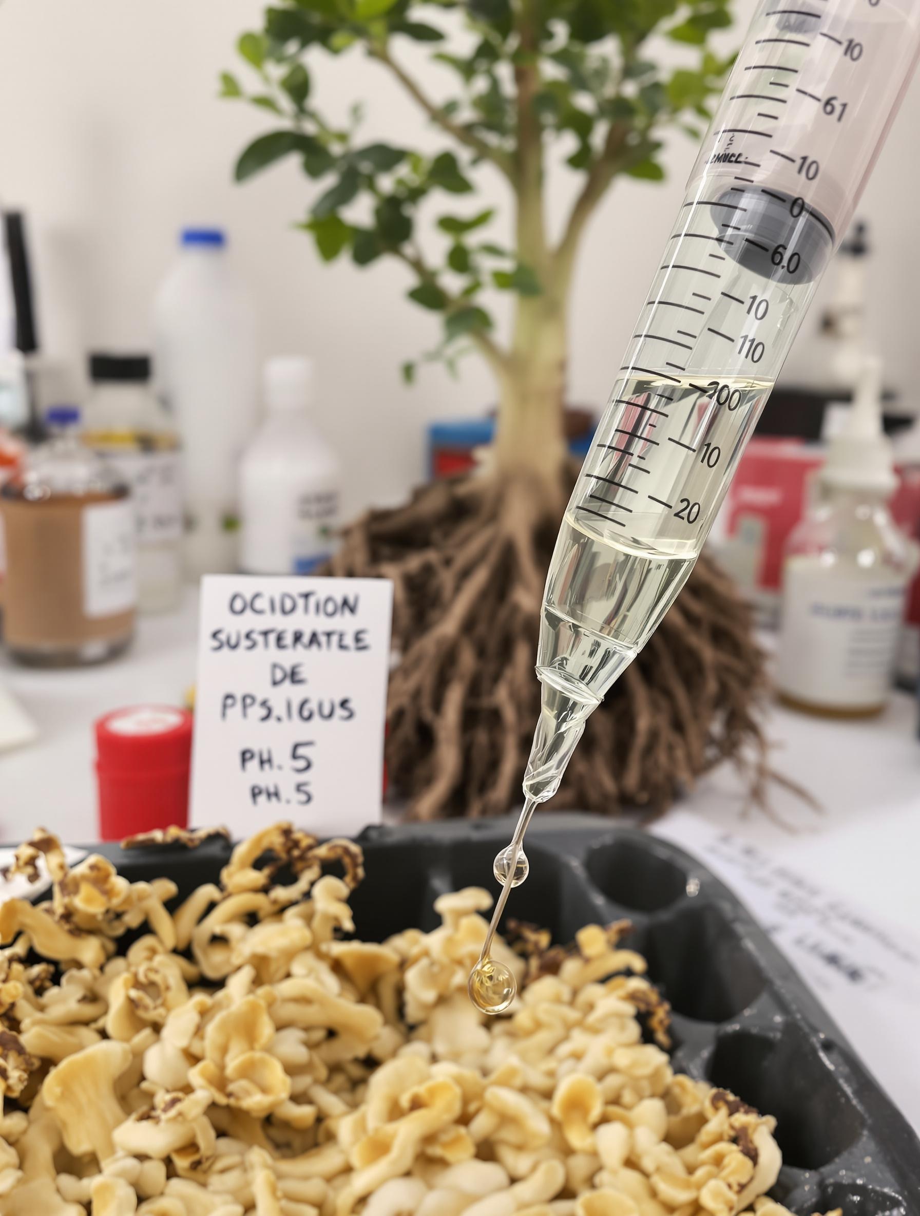 Culture de girolles à domicile : gros plan sur une seringue de mycélium liquide devant un substrat adapté et un jeune chêne.