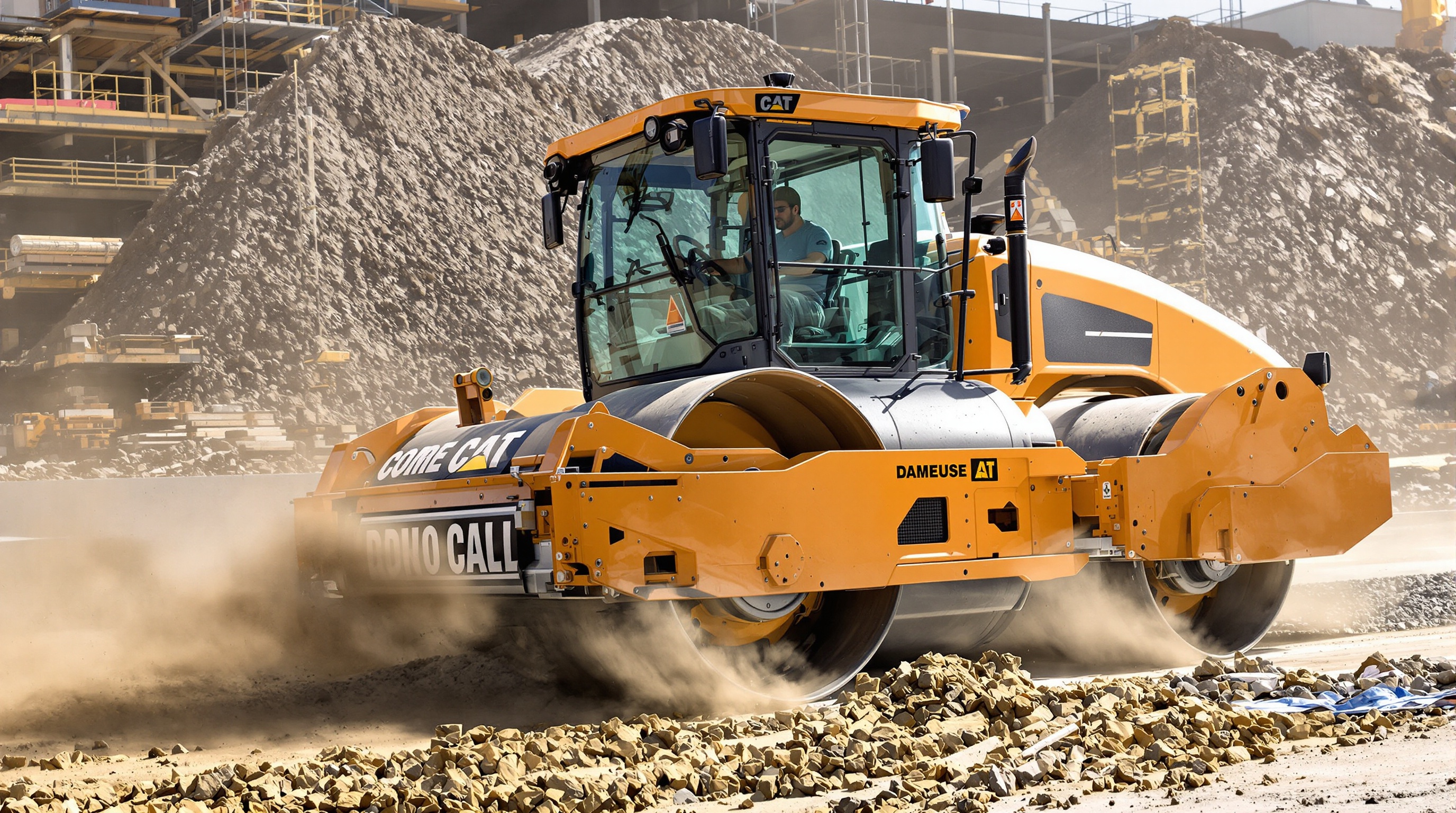 Une dameuse en action sur un chantier de travaux publics, illustrant sa puissance et son utilisation pour le compactage de couches importantes.