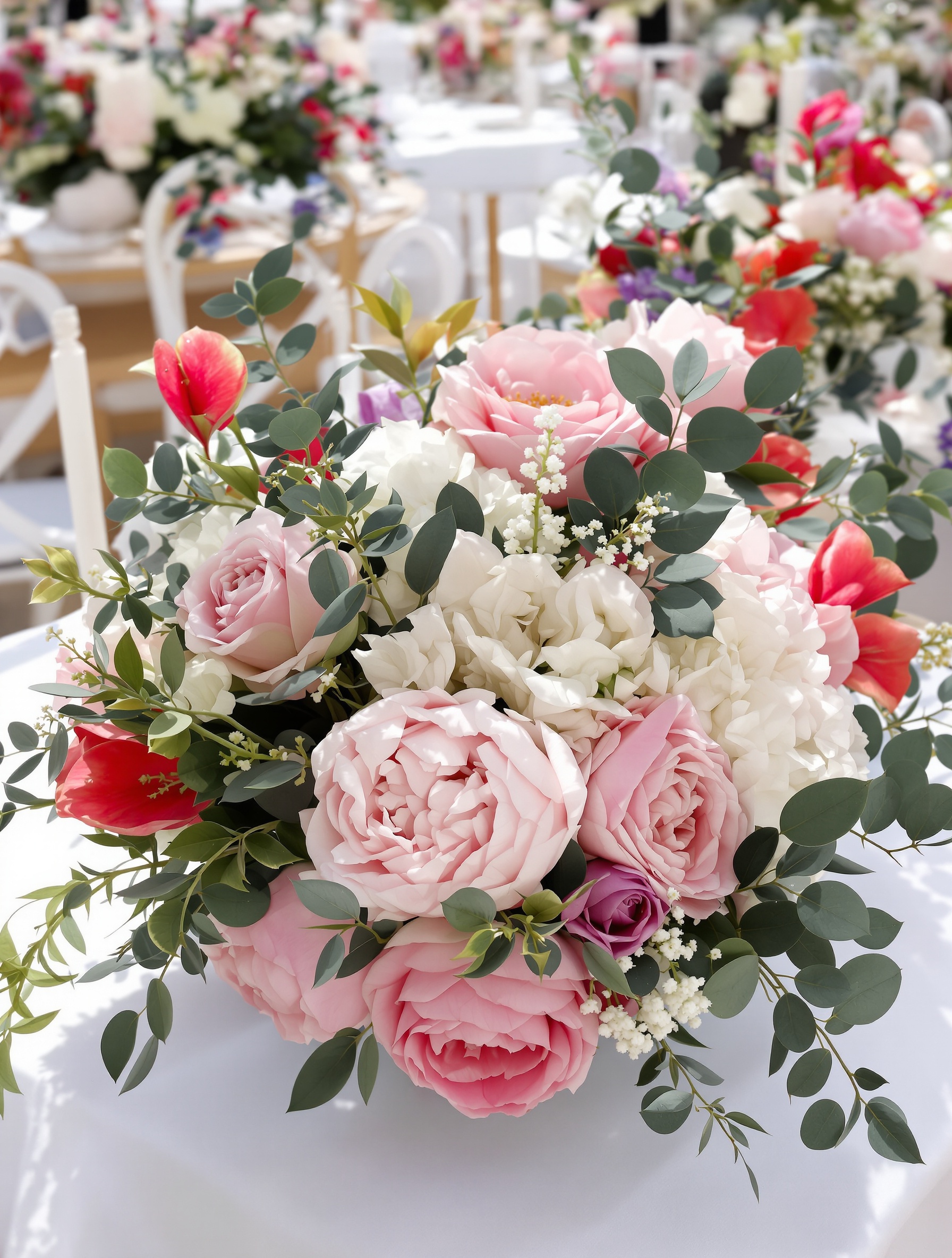 Décor mariage élégant juin pivoines roses hortensias eucalyptus anthurium chic accessible