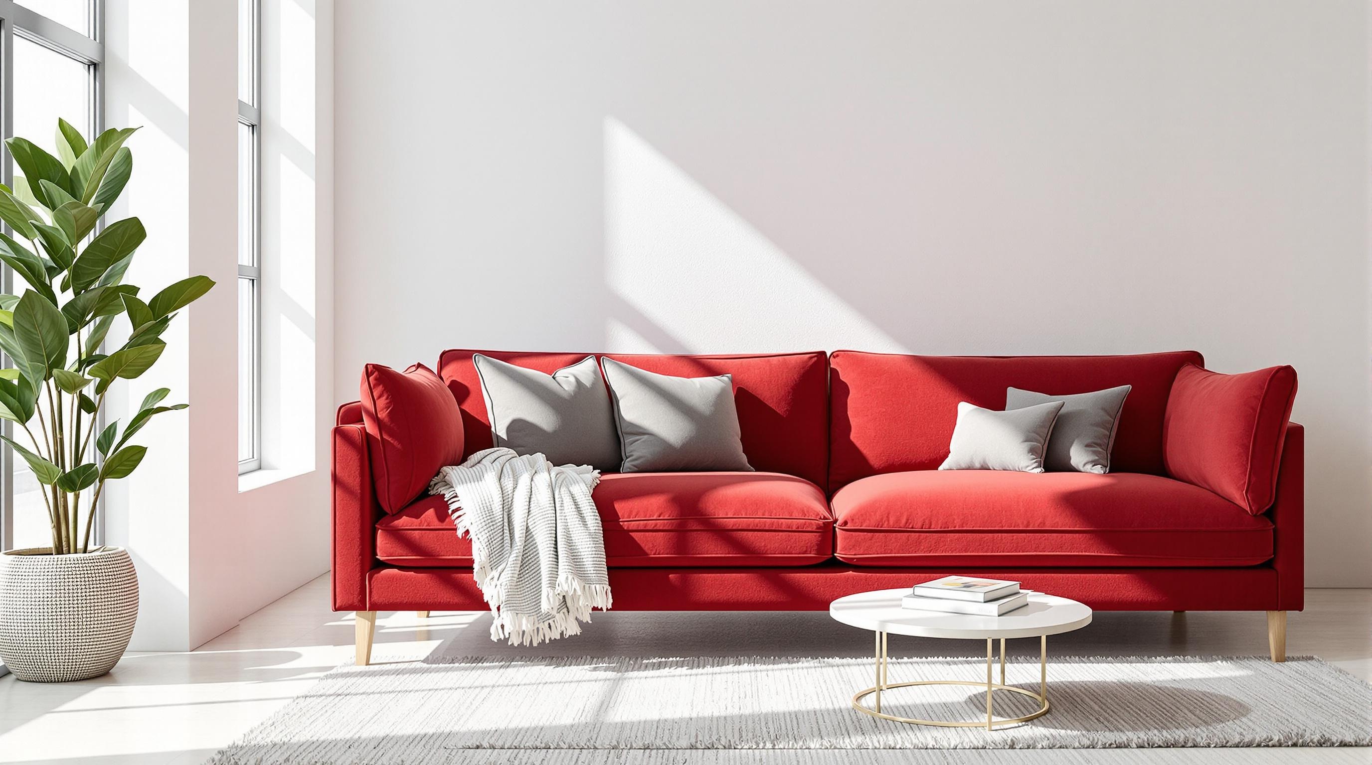 Exemple de décoration moderne avec rouge profond, murs blancs et coussins gris