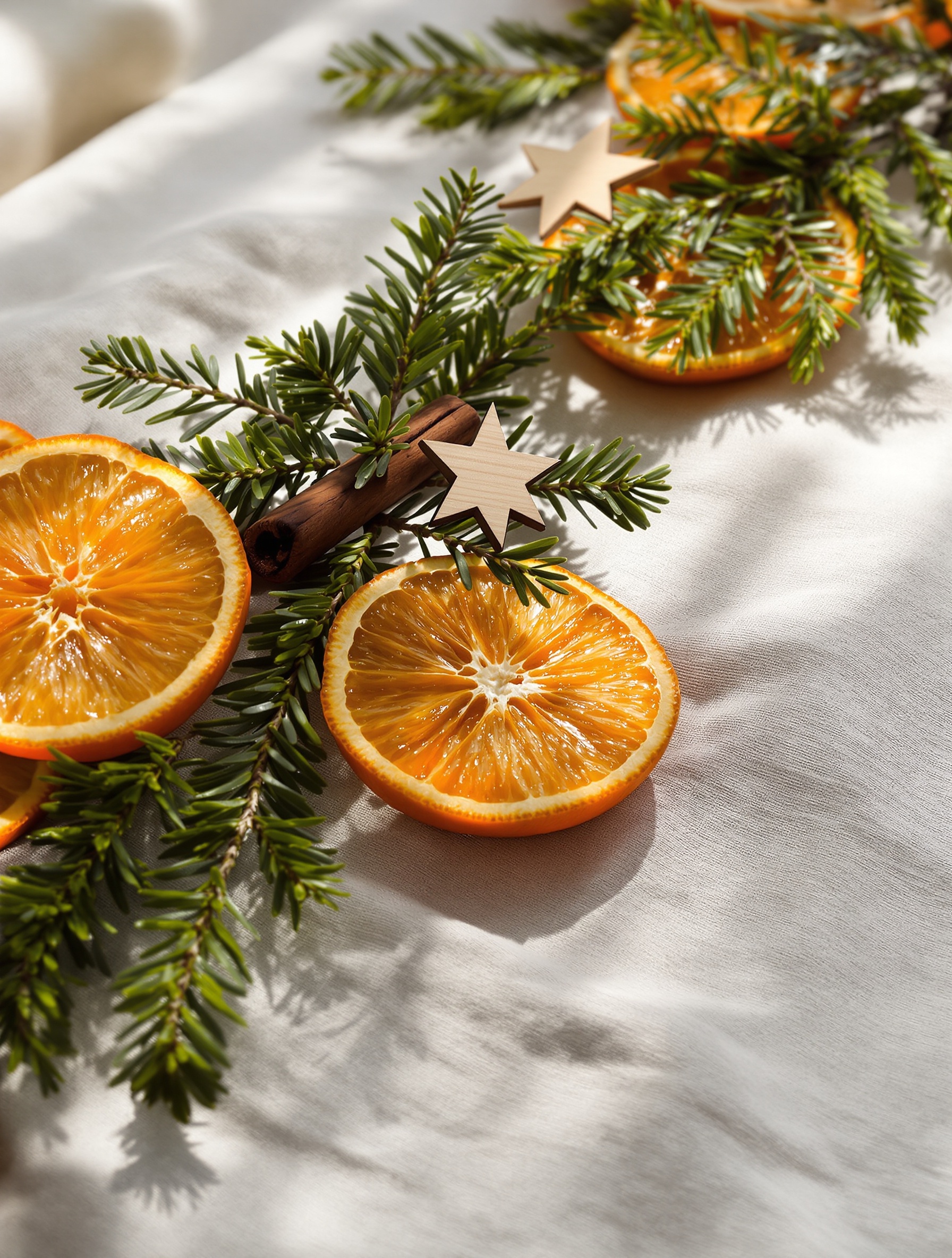 Décoration table Noël naturelle rondelles oranger branches sapin cannelle lin brut étoile bois