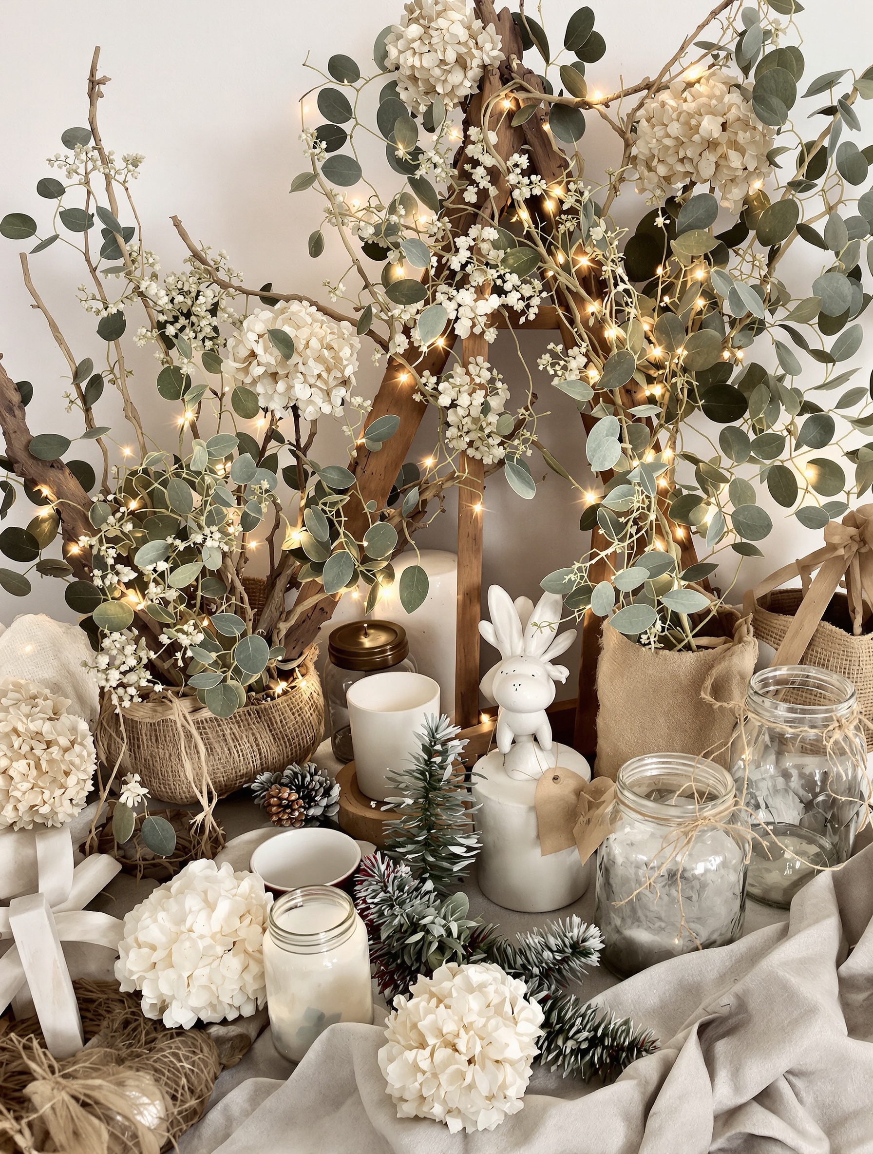 décoration Noël naturelle authenticité vintage bois non traité céramique artisanale lin kraft eucalyptus hortensias séchés