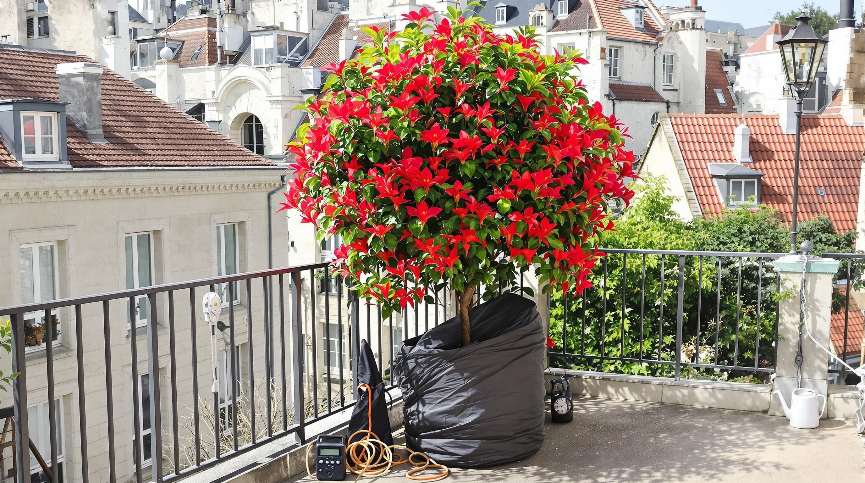 Delonix regia cultivé sur un balcon en France, protégé contre le froid