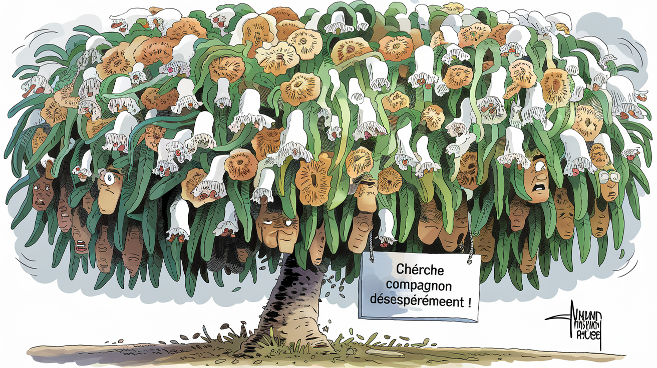 dessin ironique d'un plant de kiwi couvert de fleurs mais sans aucun fruit, avec un panneau 'Cherche compagnon désespérément' accroché à la plante