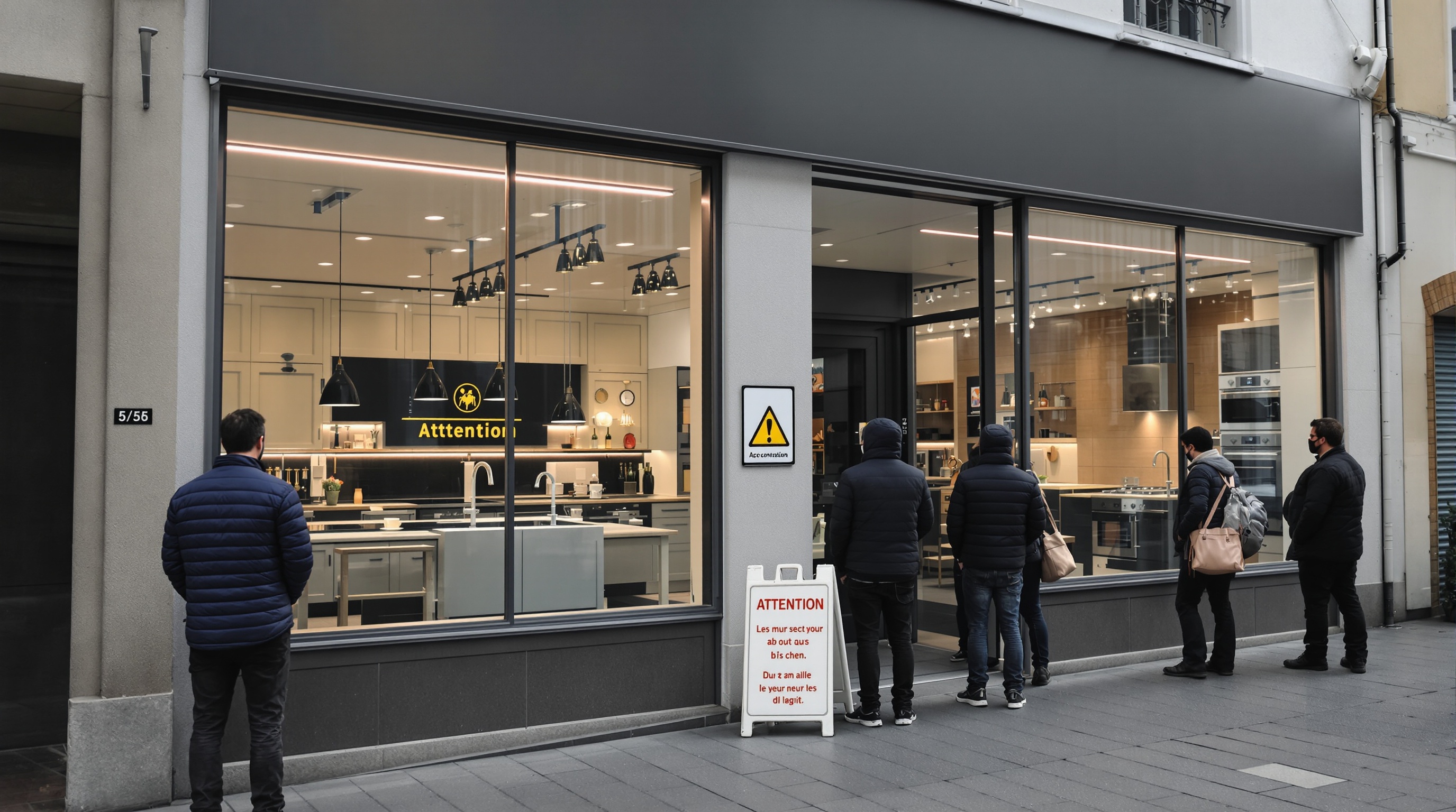 Devanture d'un magasin de cuisines avec un panneau Attention