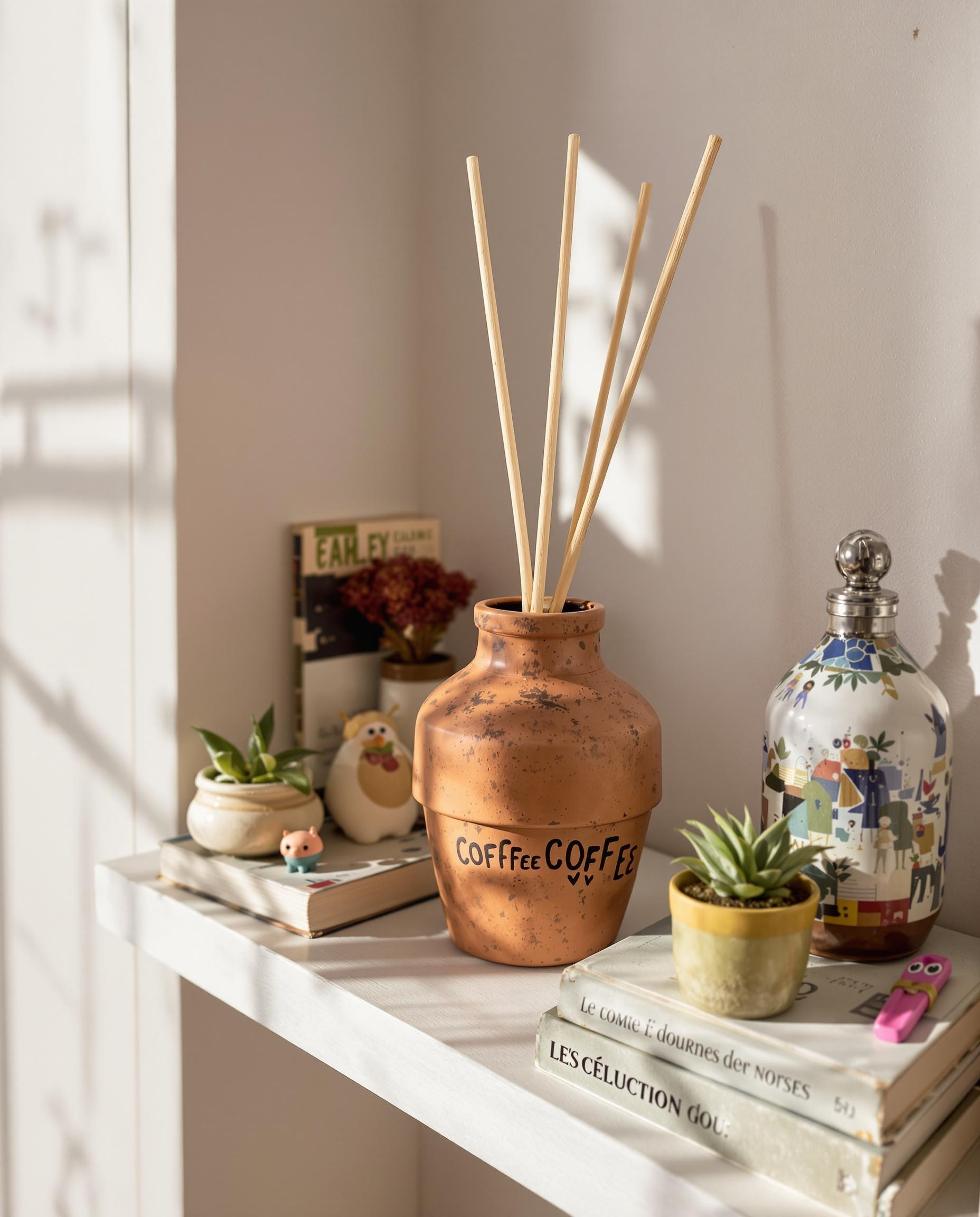 Diffuseur naturel DIY avec marc de café dans un pot en terre cuite