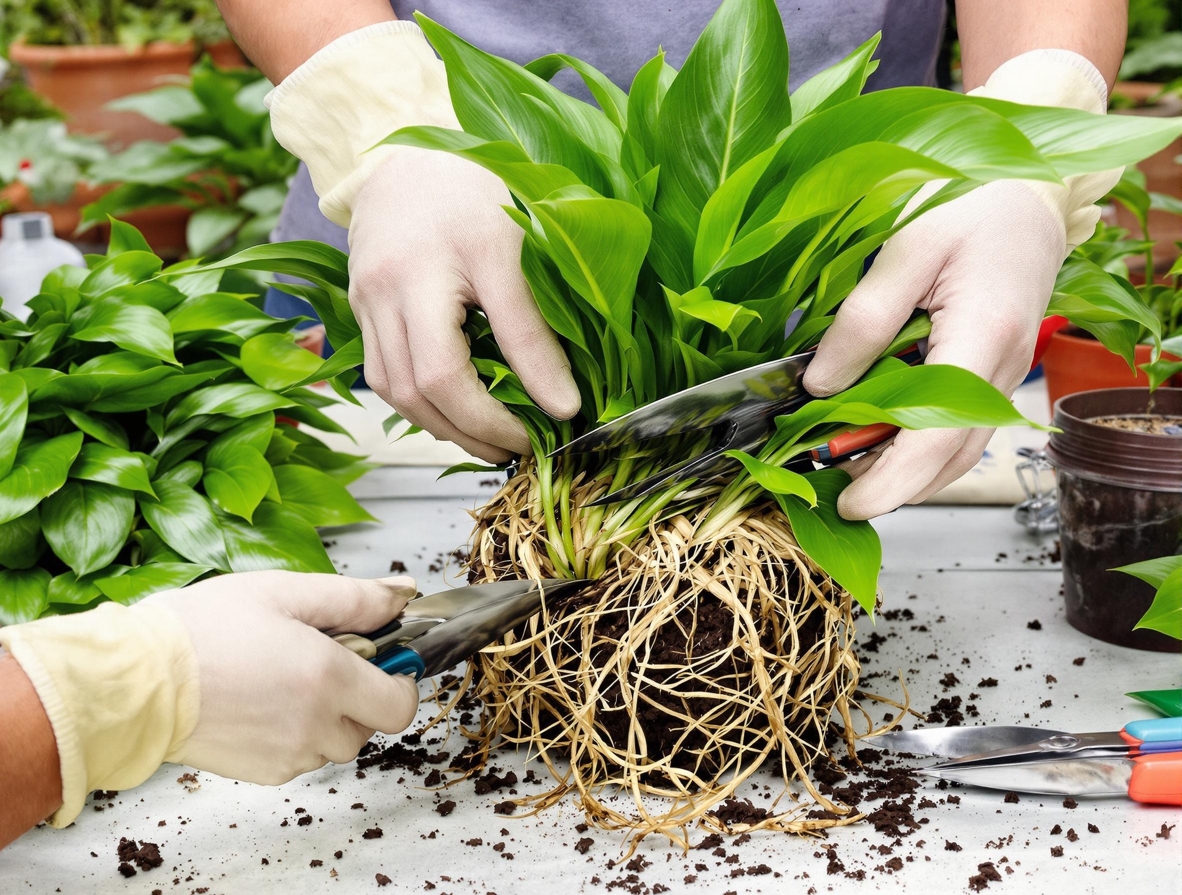 Division de Spathiphyllum avec outils DIY, ambiance tutoriel humoristique