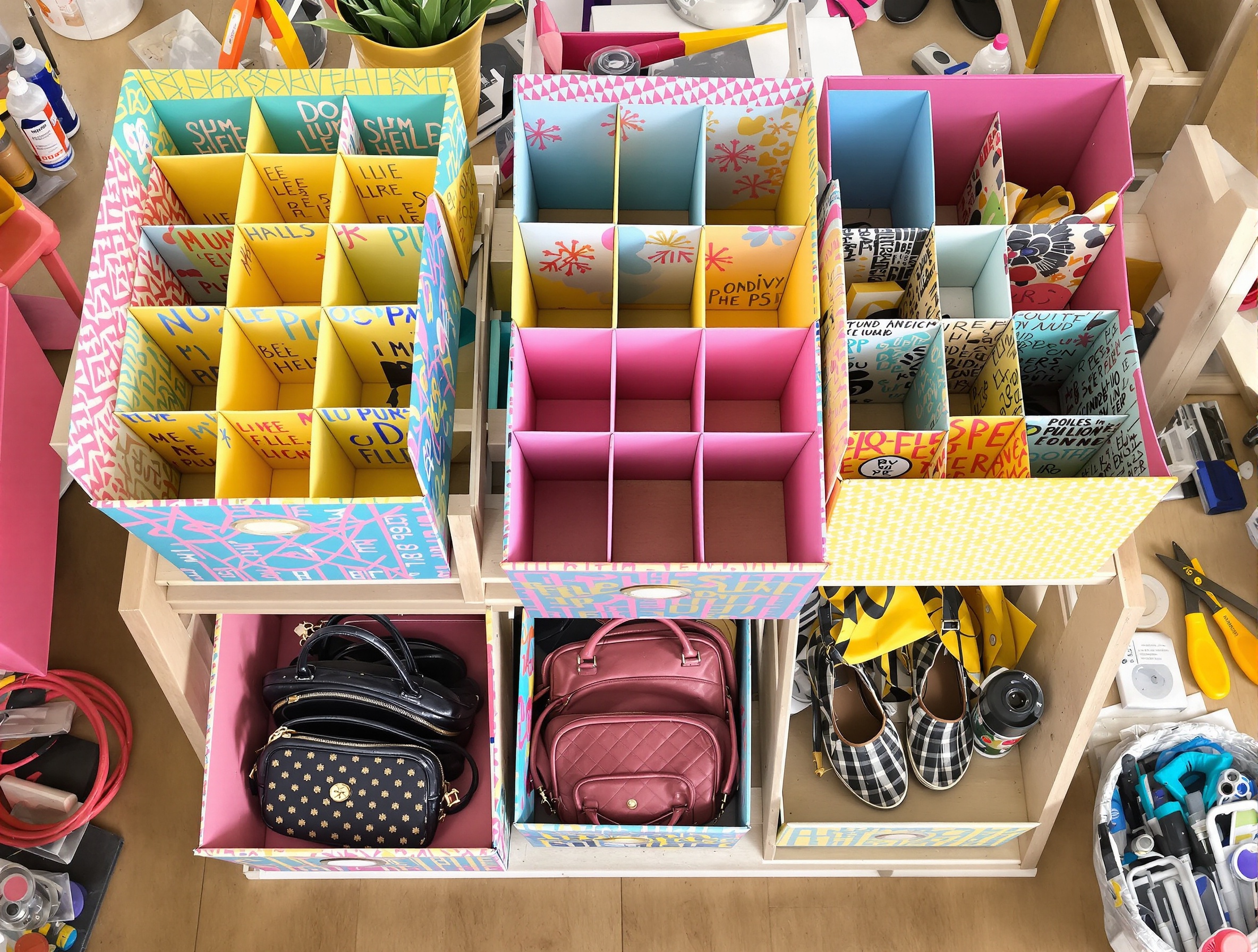 DIY rangement de sacs à main avec boîtes customisées et séparateurs faits maison.