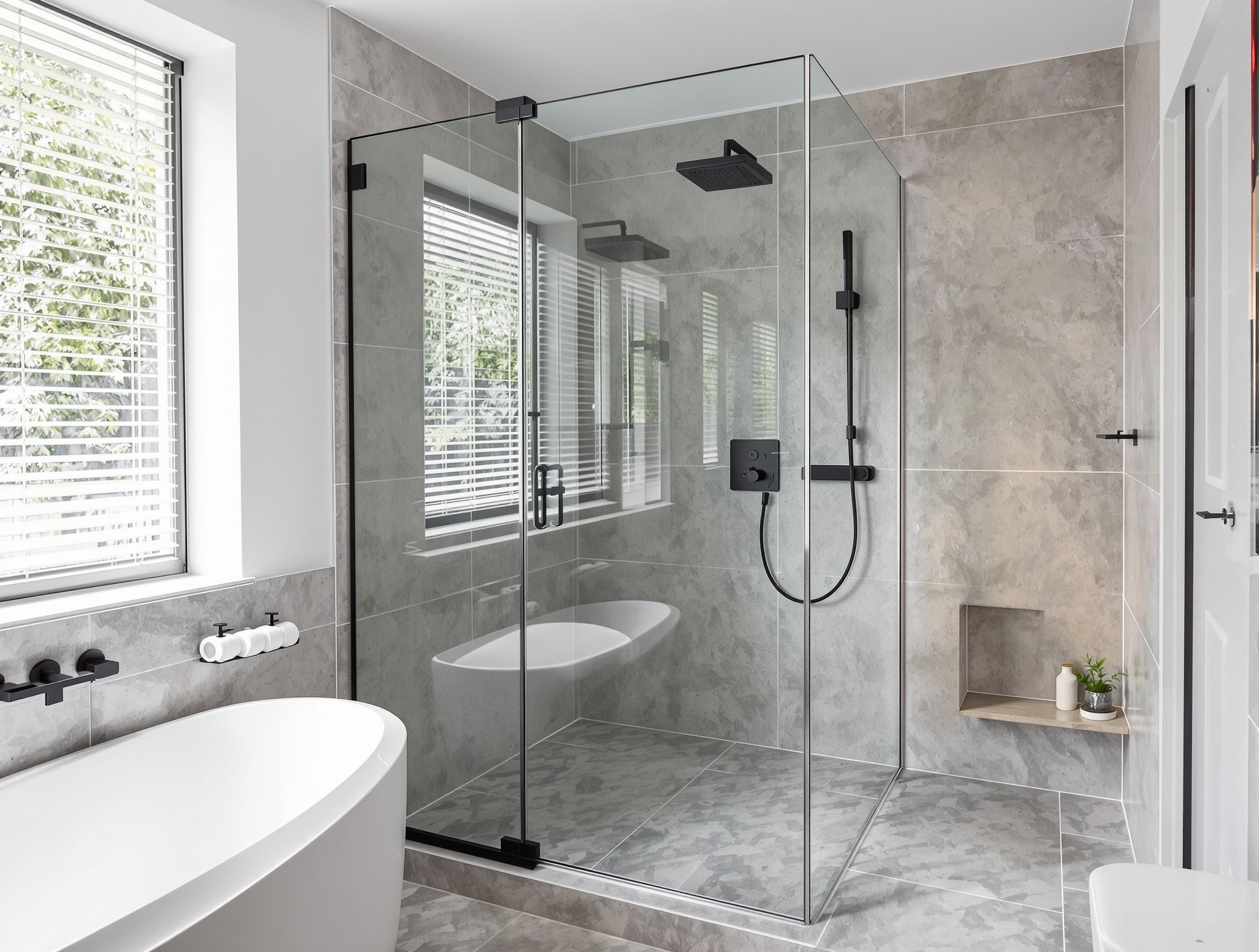 Douche à l'italienne moderne bien proportionnée dans une salle de bain moyenne avec paroi verre sécurité, carrelage béton et robinetterie noire mate.