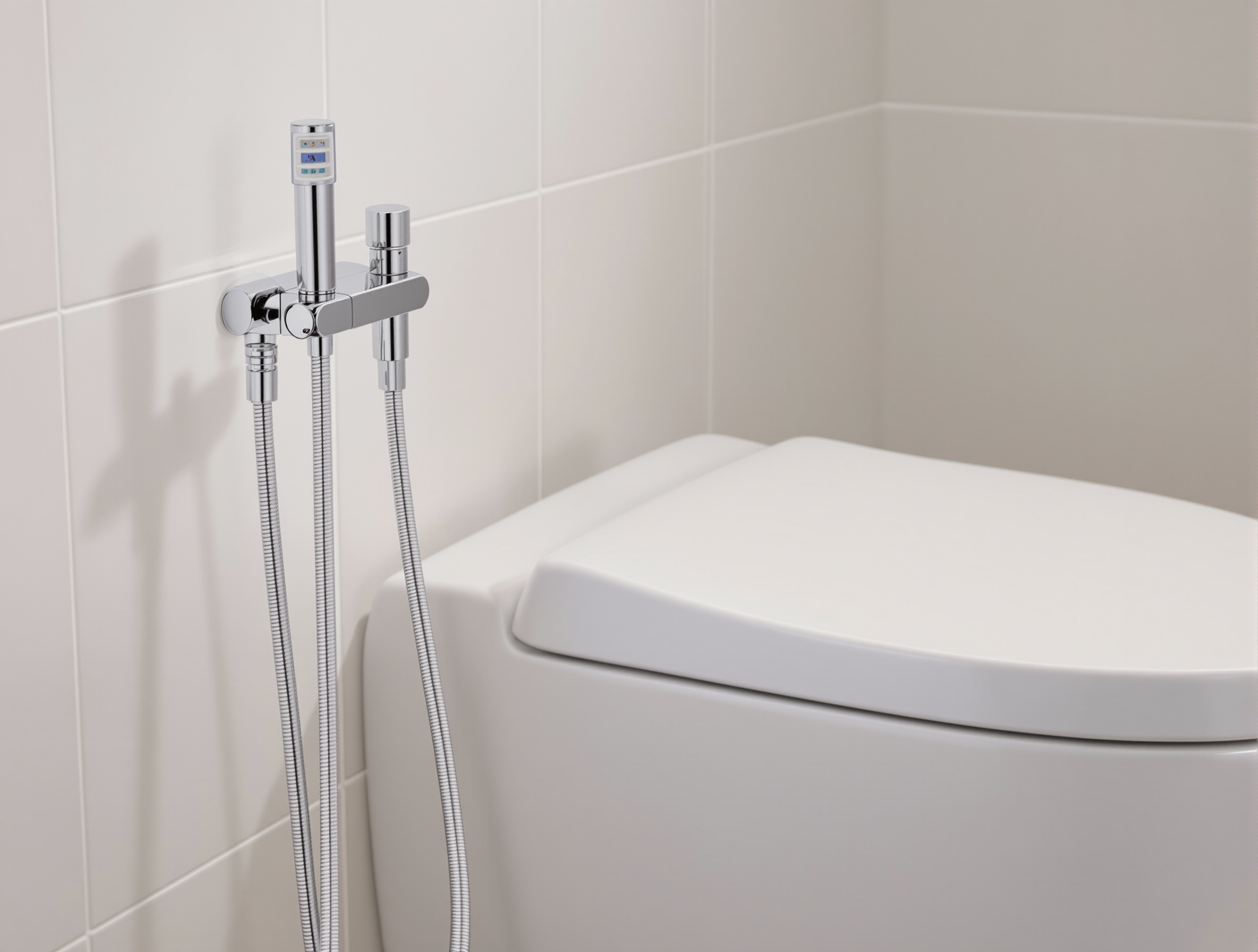 Douchette WC chromée moderne fixée près de toilettes suspendues