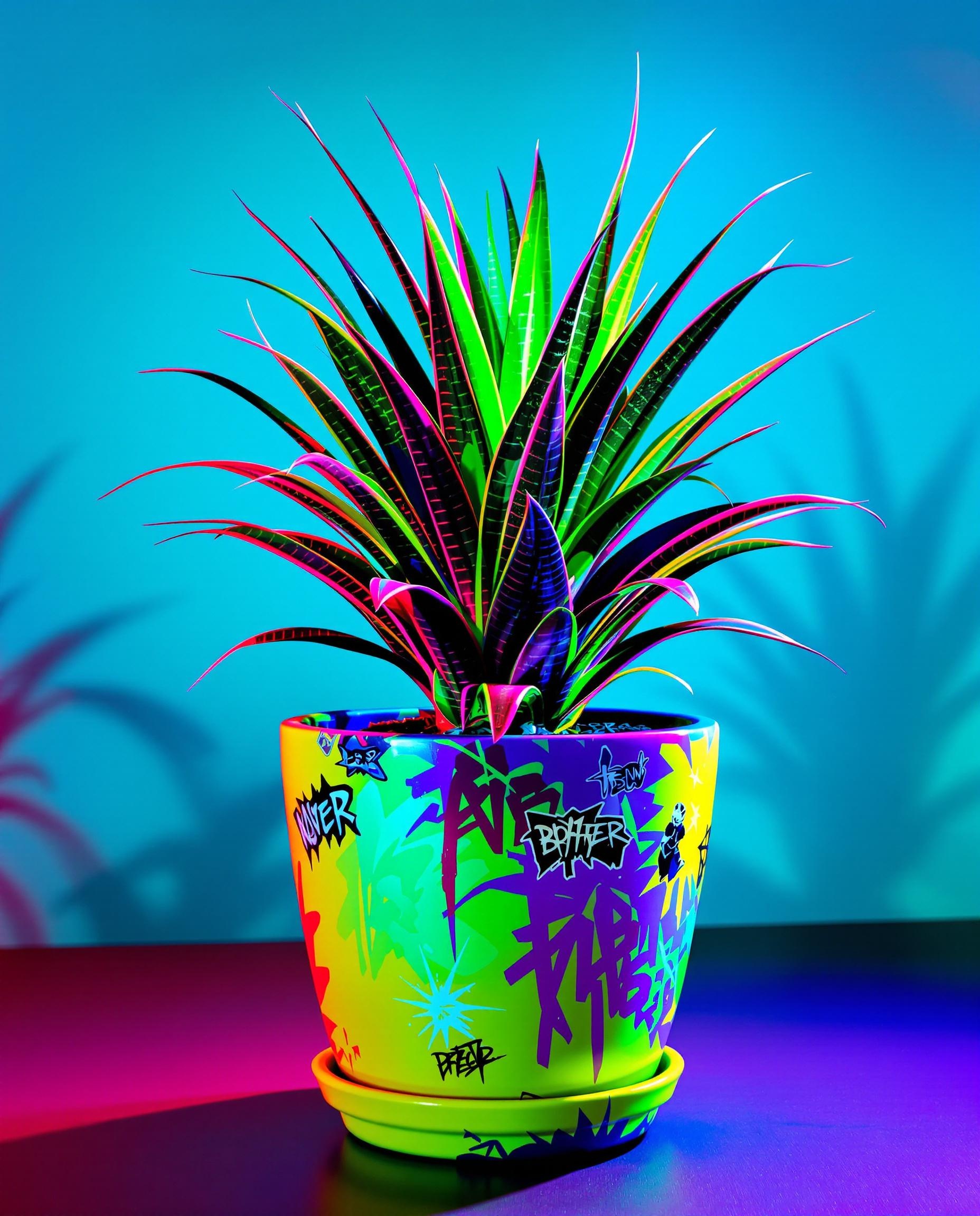 Dracaena marginata dans un pot coloré, ambiance rock'n'roll et lumière urbaine.