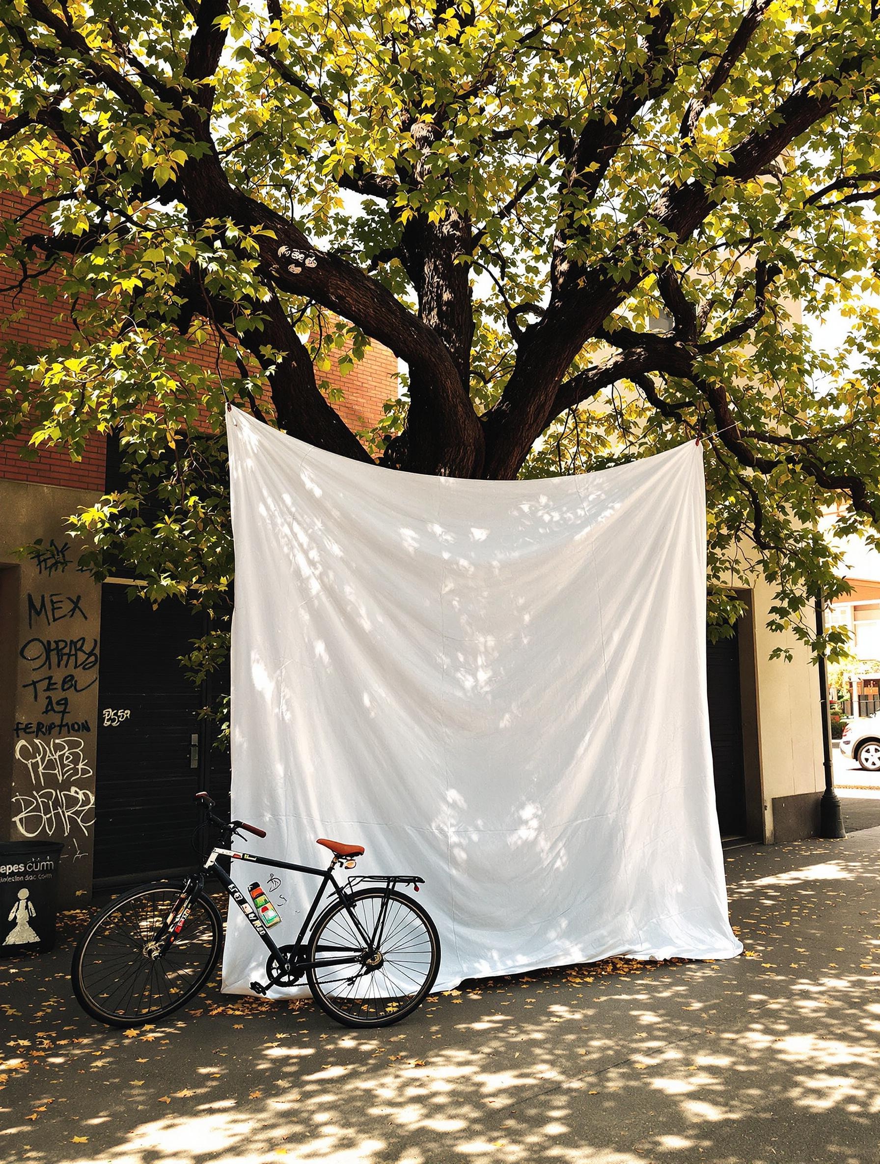 Drap blanc tendu sous un mûrier platane urbain avec un vélo posé à côté – ambiance DIY punk.