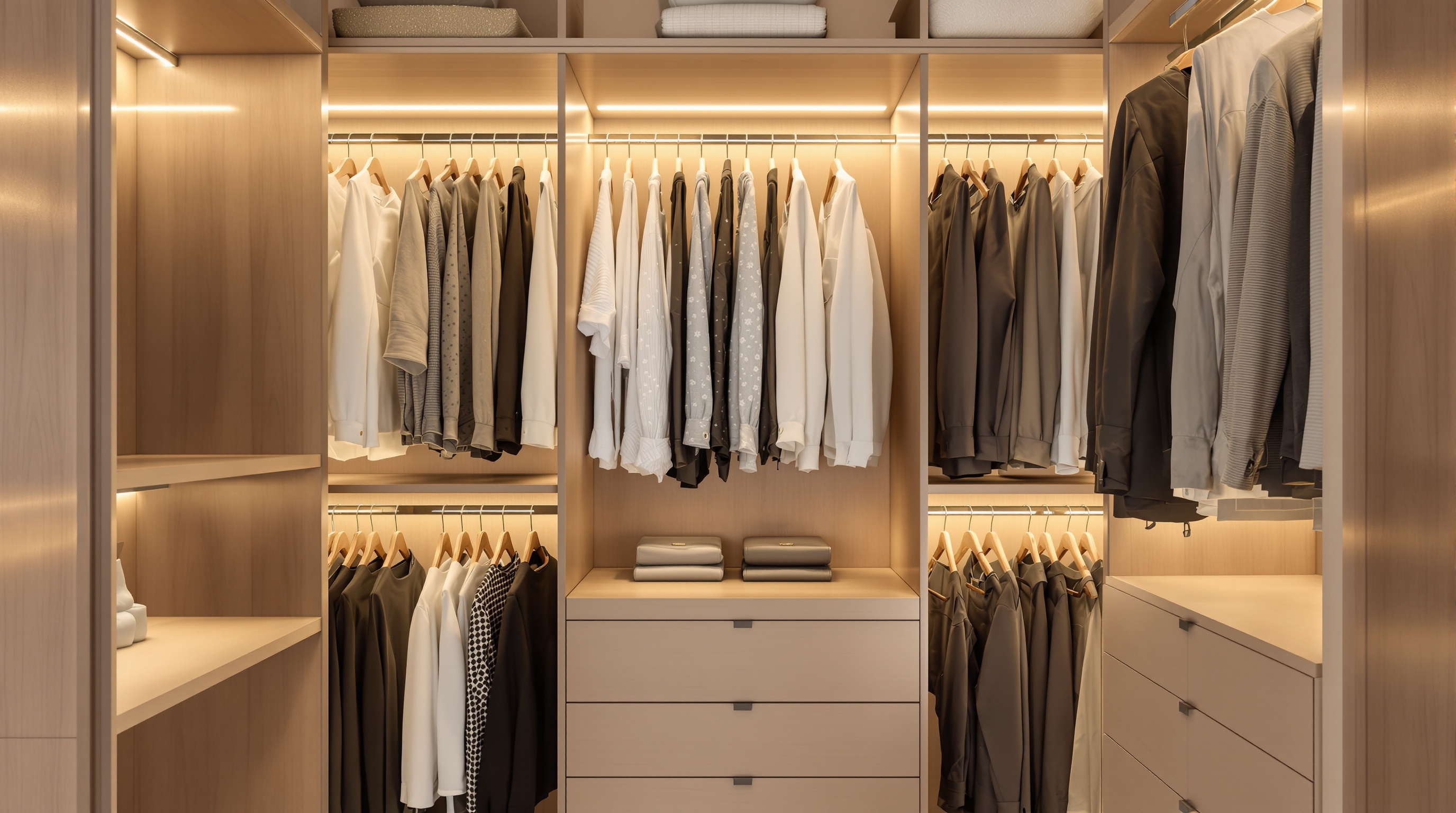 Éclairage LED intégré sous étagères dans un dressing contemporain