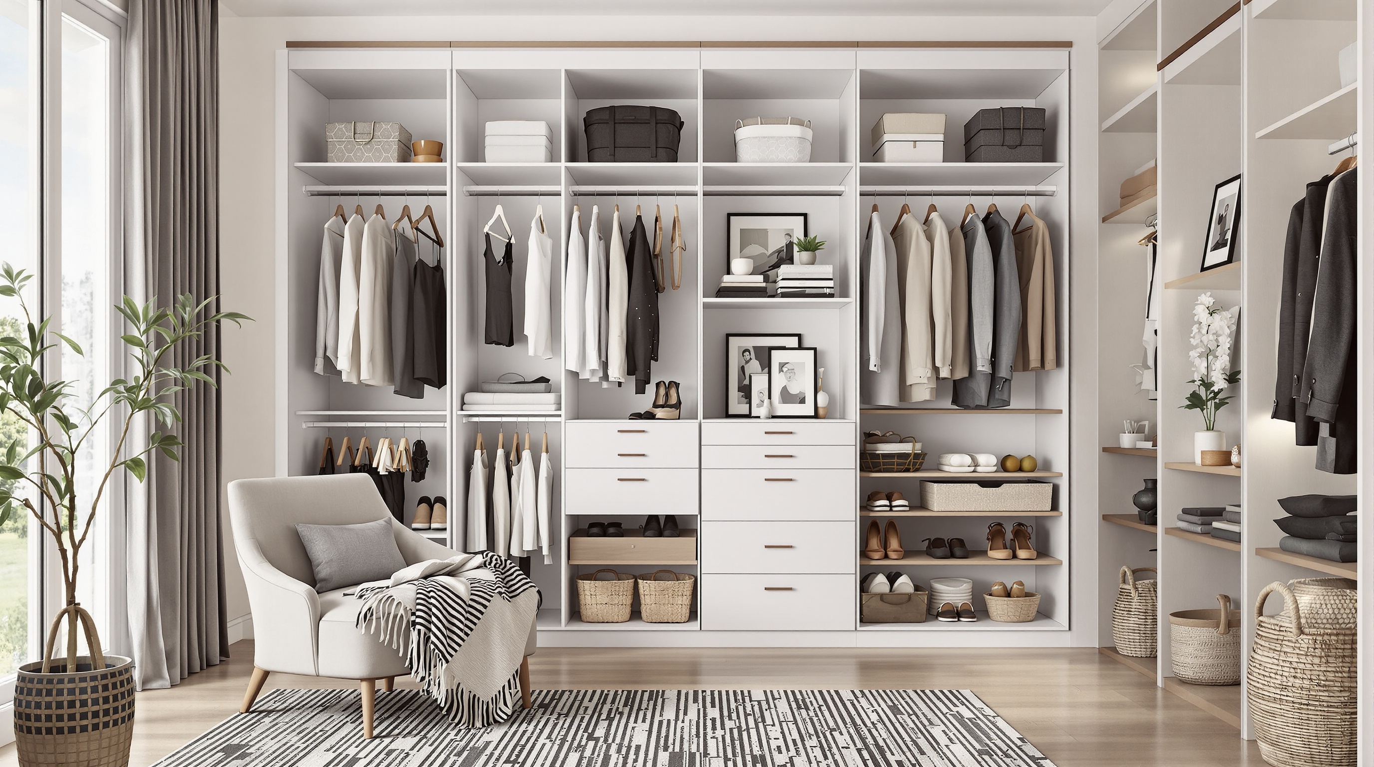 Dressing contemporain avec rangements ouverts et fauteuil décoratif