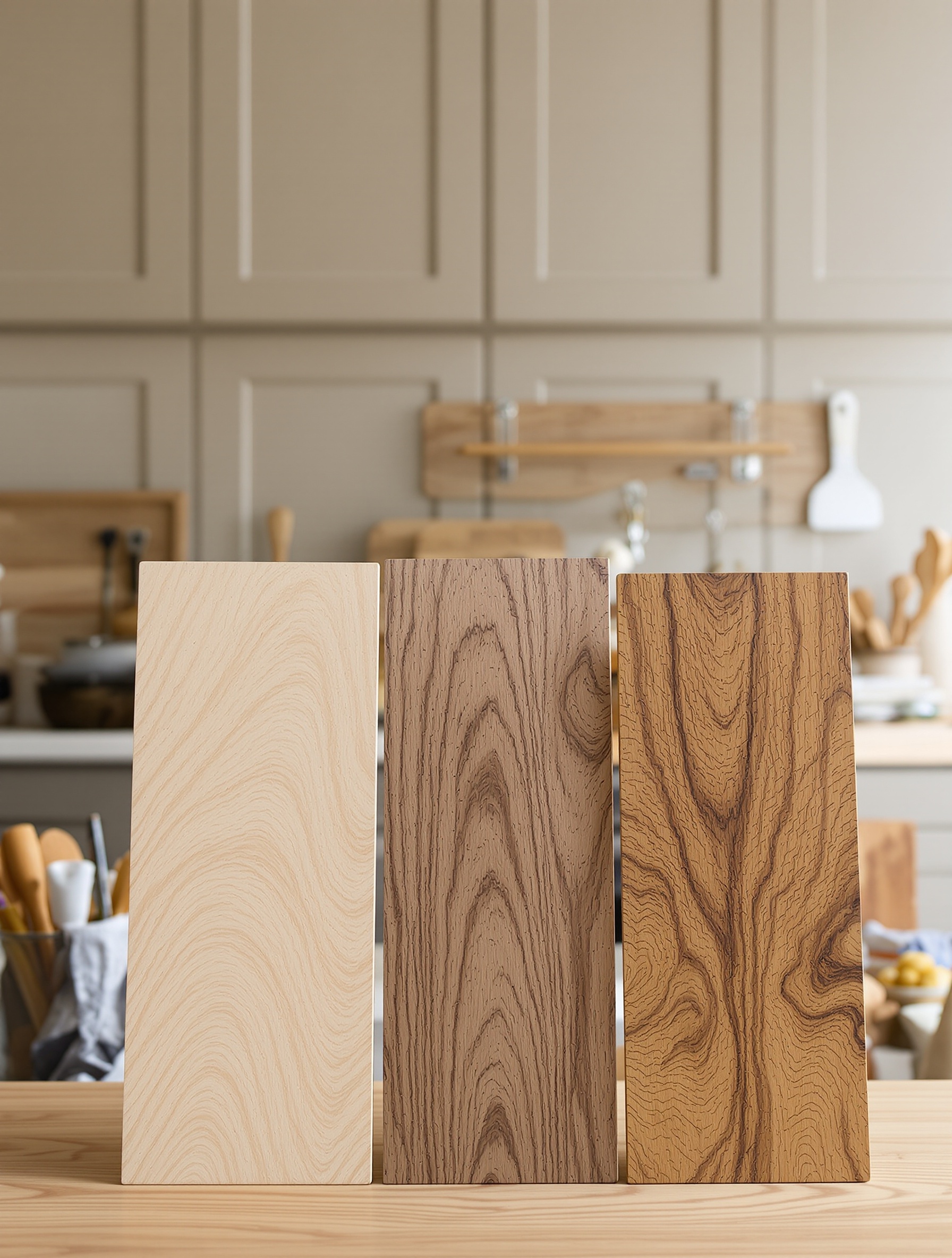 Échantillons de bois et façade taupe mate en cuisine bohème