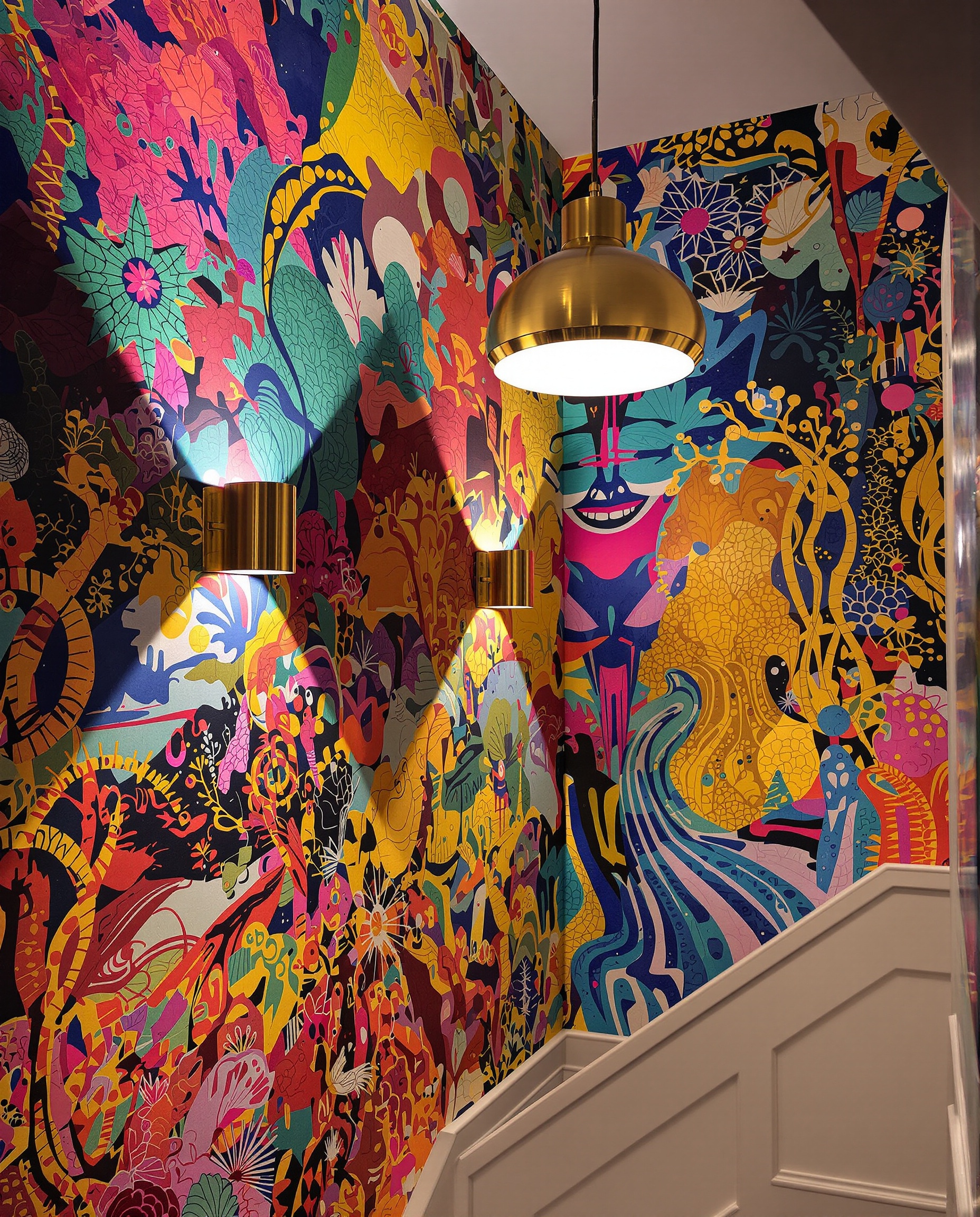 Eclairage réussi d’un papier peint panoramique avec appliques design et suspension centrale