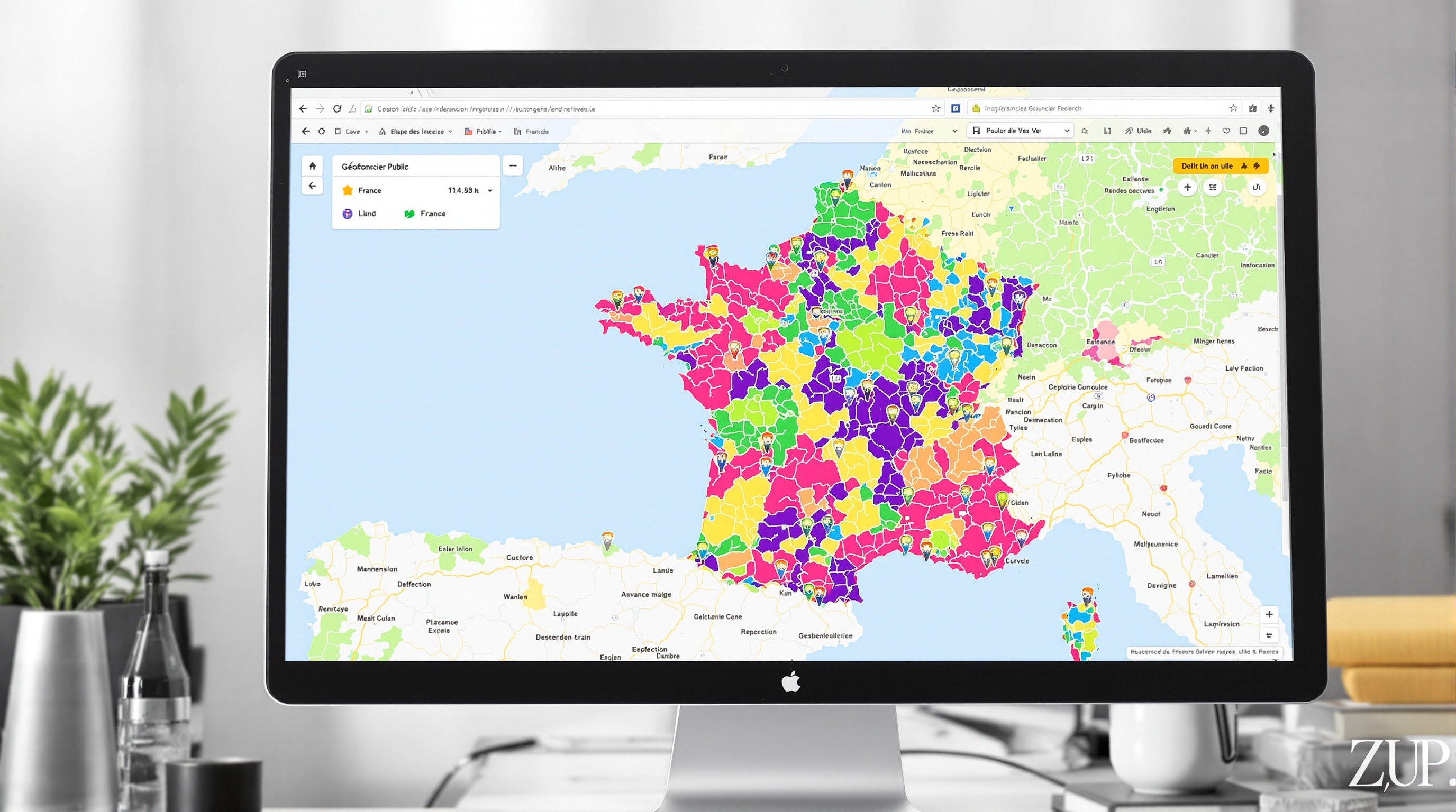 Écran Géofoncier Public avec carte France et géomètres-experts