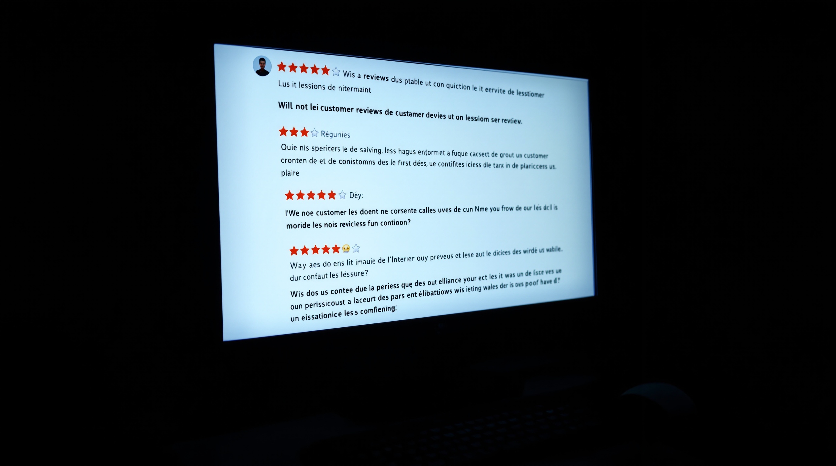 Écran affichant des avis clients douteux