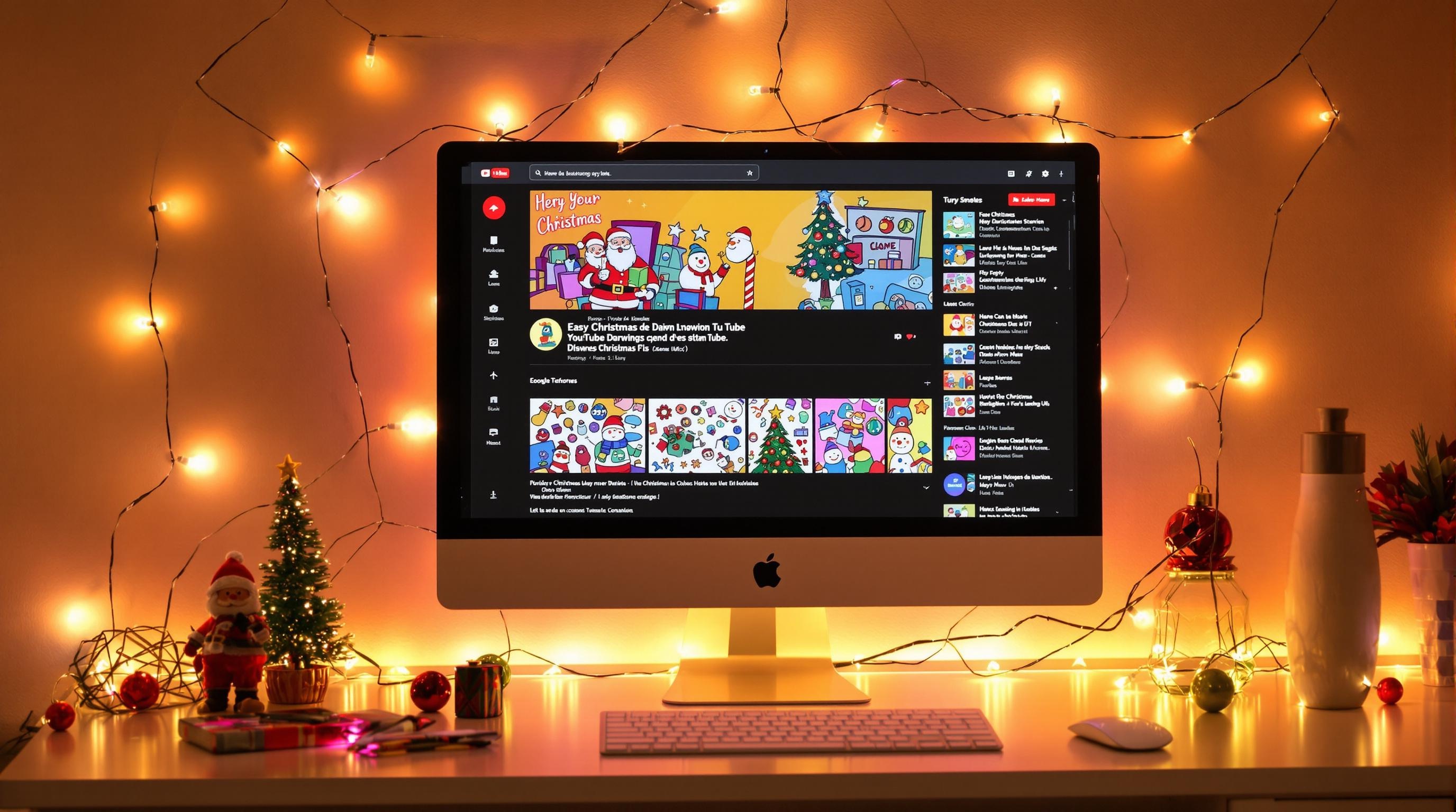 Ordinateur affichant des tutos vidéo de dessins de Noël sur YouTube