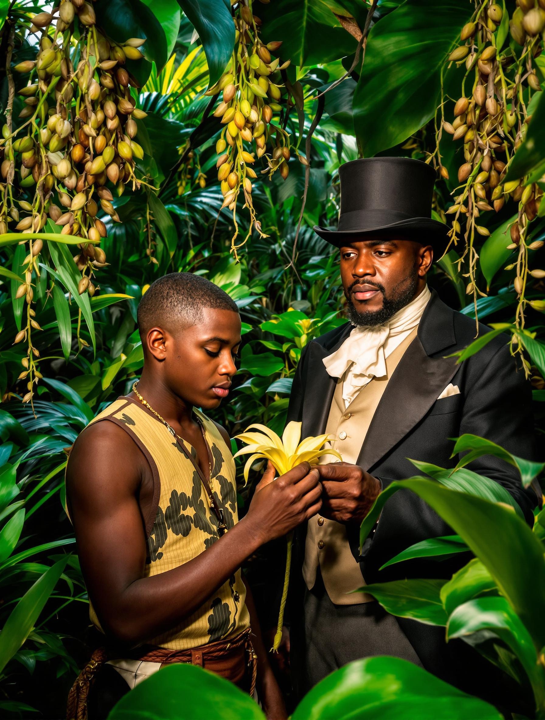 Edmond Albius pollinise une fleur de vanille dans une jungle façon Pirates des Caraïbes