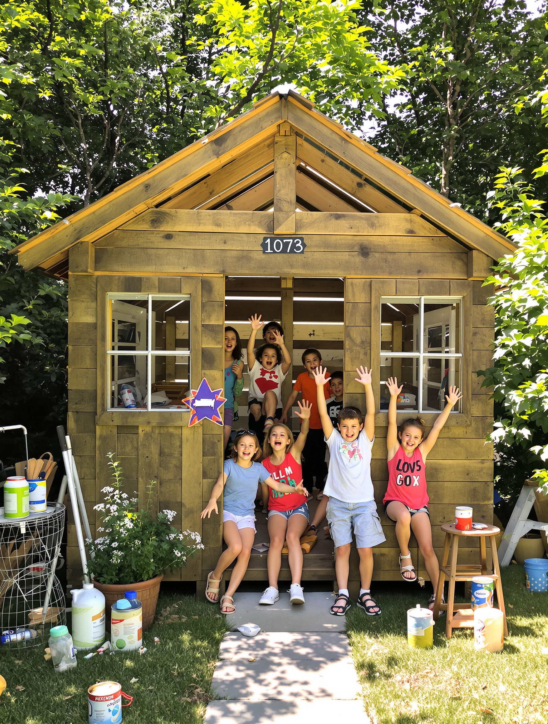 Enfants jouant dans une cabane en palette DIY dans un jardin