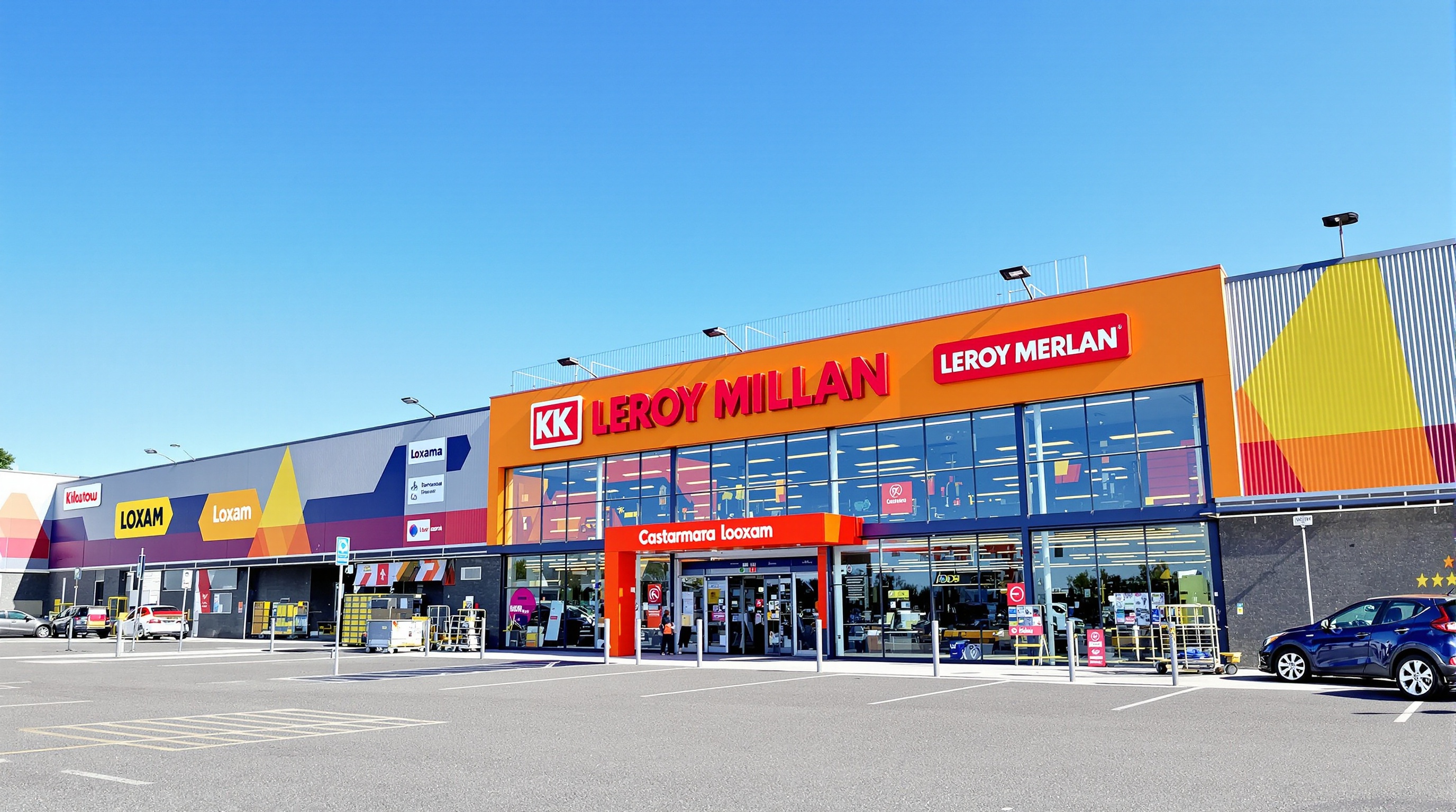Façade moderne d'une enseigne de location de matériel type Kiloutou ou Castorama avec un grand panneau visible à l'entrée.