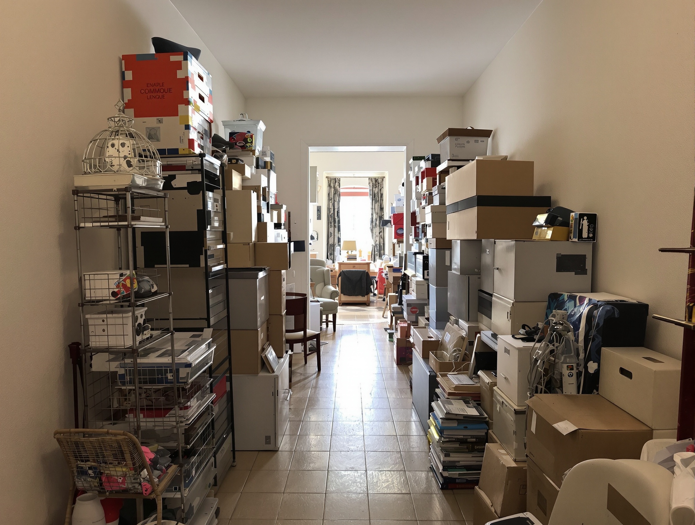 Entrée exiguë surchargée de meubles encombrants, circulation difficile, accumulation de petits rangements disparates. Sensation d'étouffement, déco peu pratique.