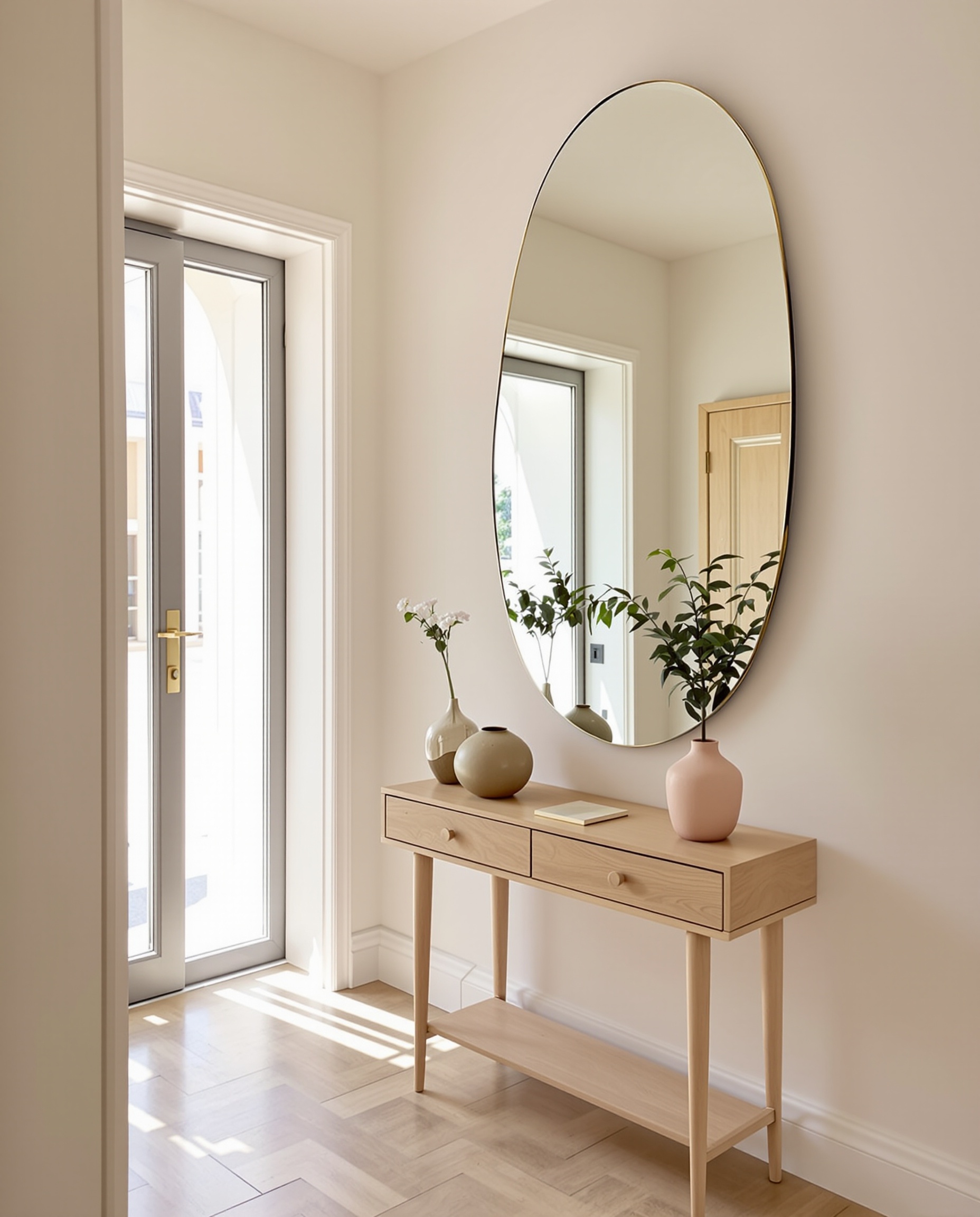 Entrée lumineuse avec grand miroir organique et console bois