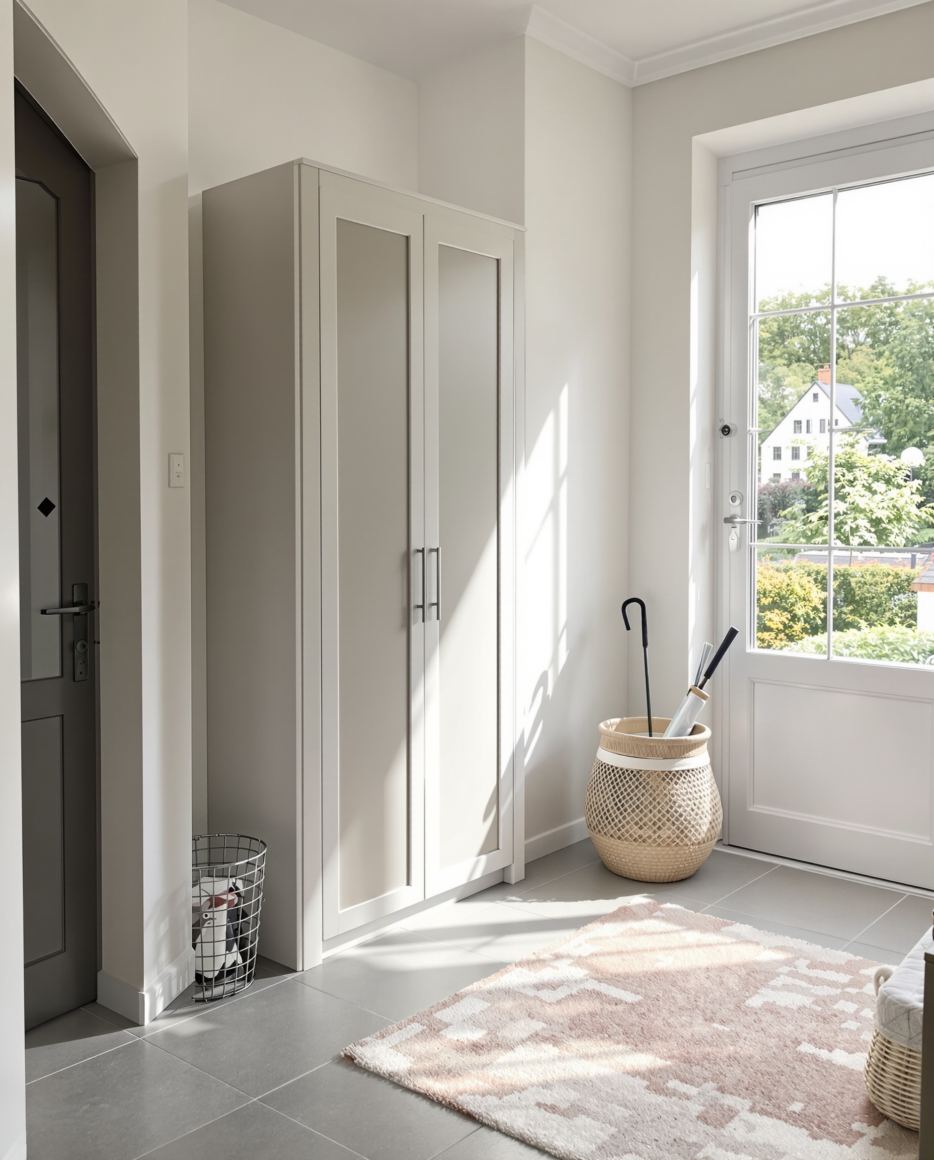 Entrée de maison avec sol en carrelage moderne, tapis résistant, meuble à chaussures fermé, lumière naturelle et panier à parapluies. Ambiance pratique et facile à entretenir.