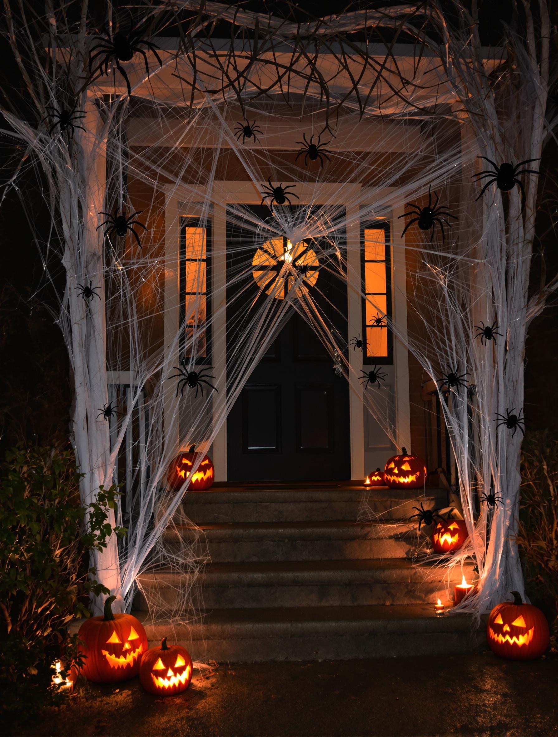 Entrée de maison décorée pour Halloween avec citrouilles et toiles d'araignées