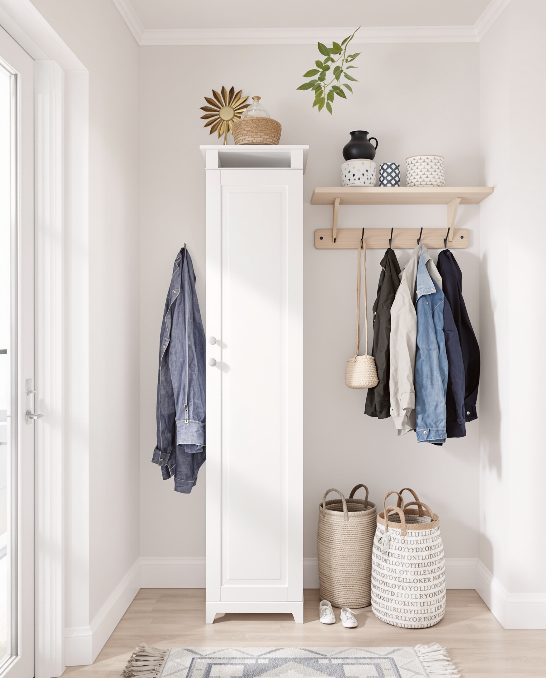 Entrée optimisée avec meuble à chaussures mural blanc, tablette bois clair et porte-manteau simple