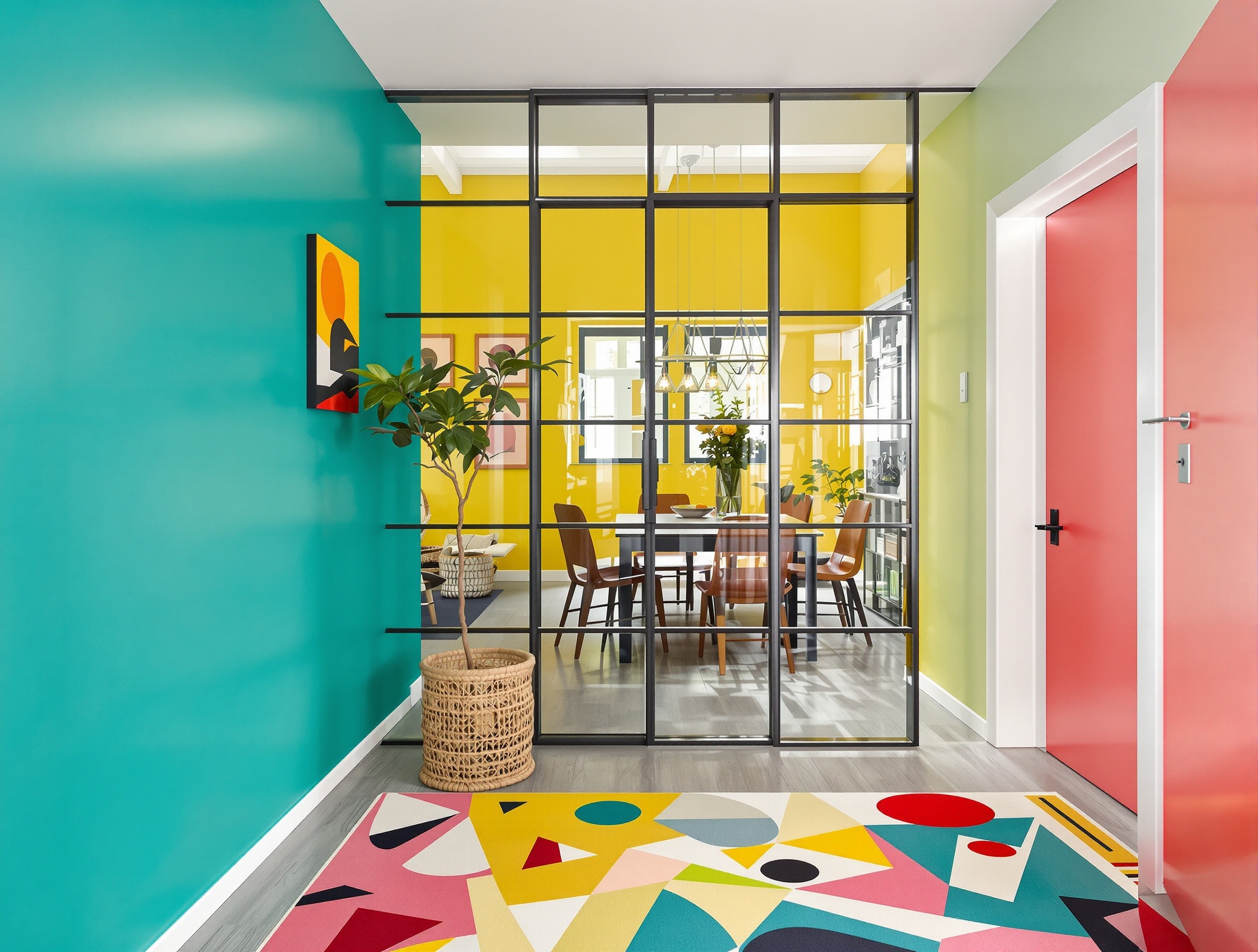 Entrée ouverte sur le salon délimitée par un tapis graphique, mur peint couleur vive, petite verrière d’atelier et paravent en cannage léger.