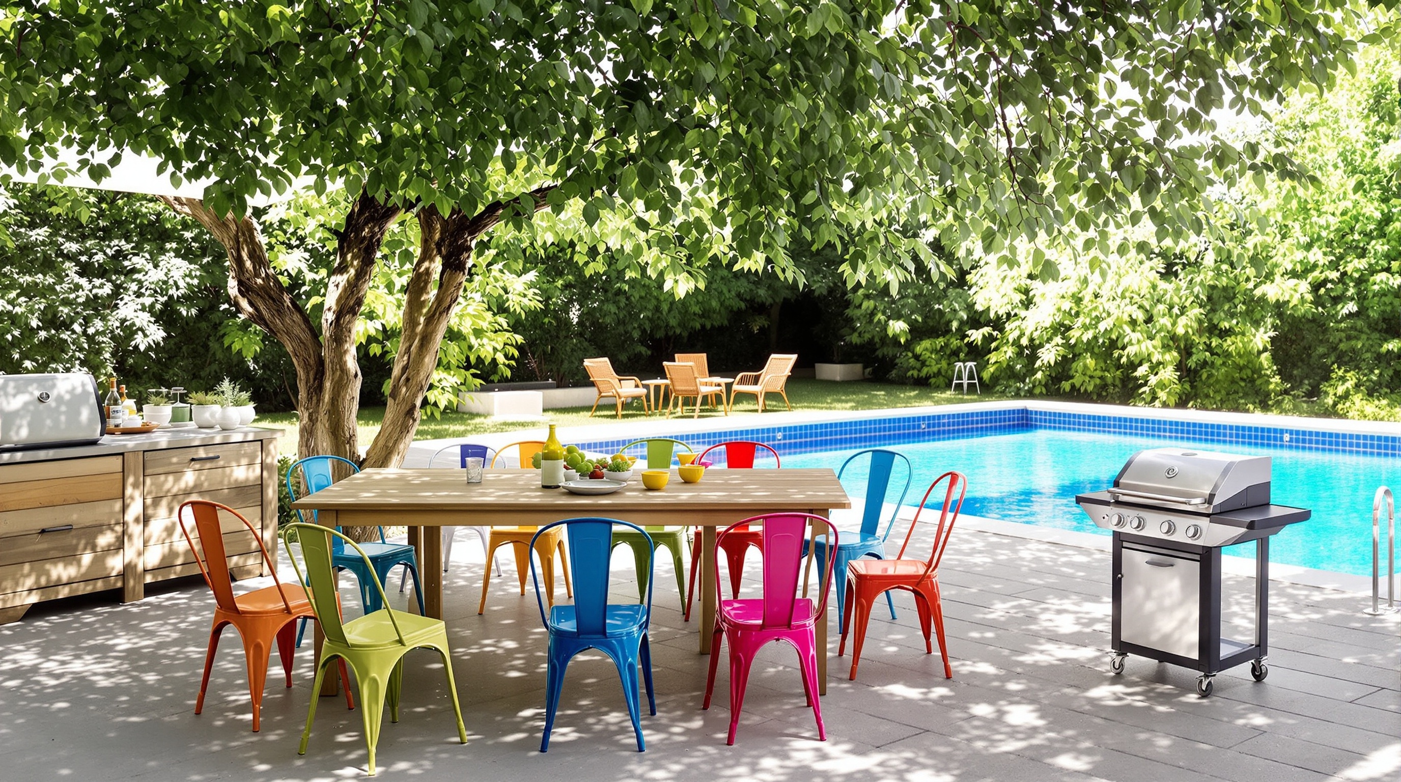 Espace repas extérieur piscine table bois barbecue ombrage naturel