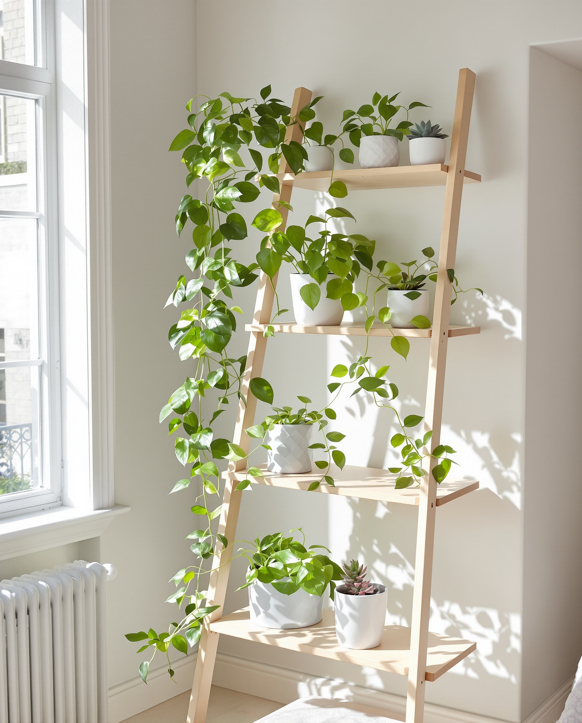 Étagère échelle en bois clair de style scandinave avec plantes variées.