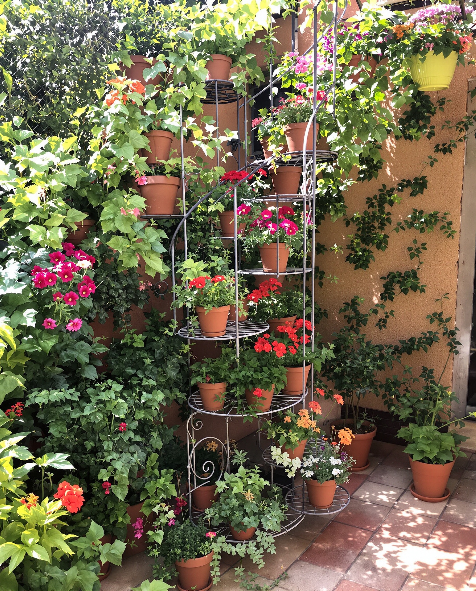 étagère plante fer forgé escalier extérieur bohème