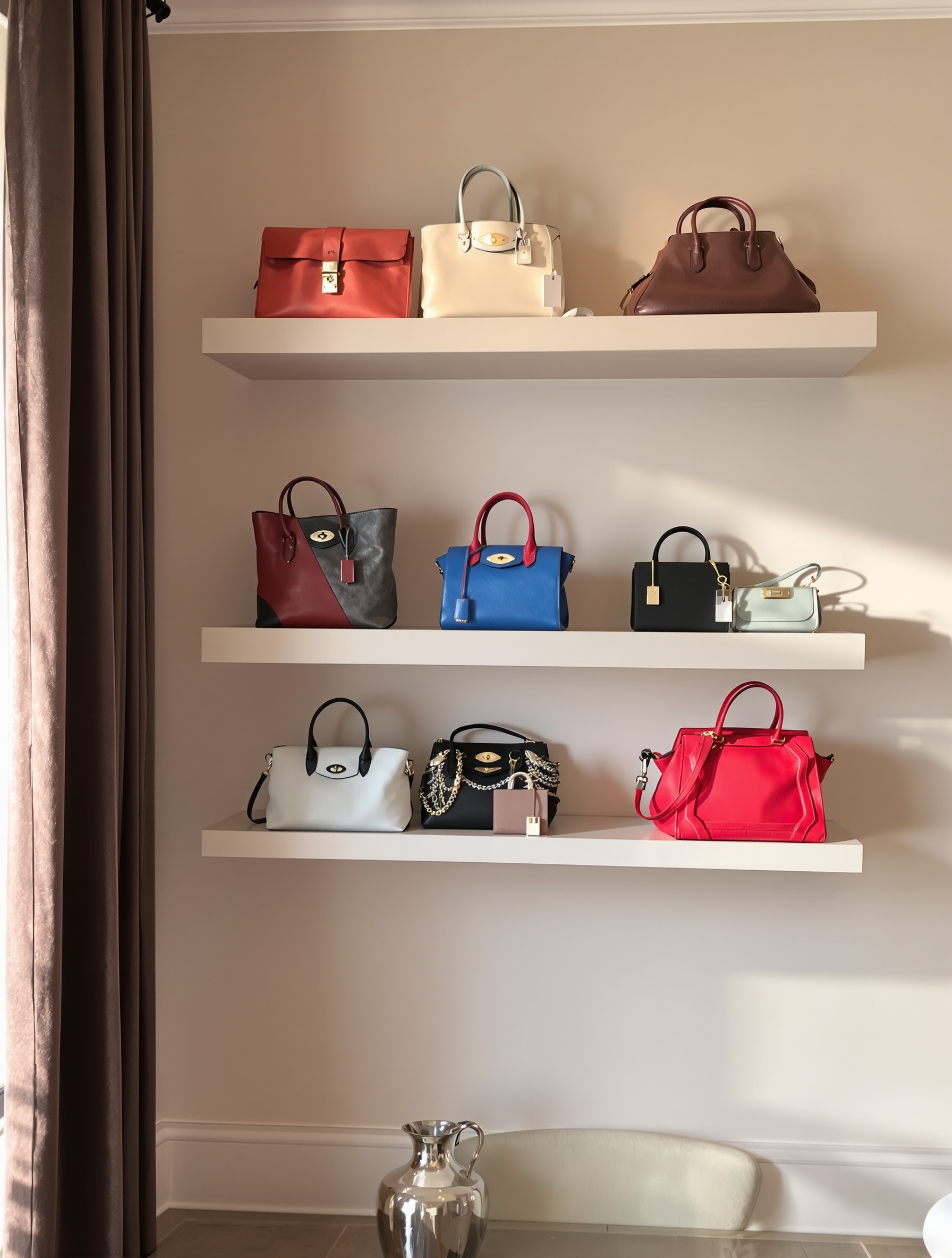 Exemple d'étagères flottantes élégamment décorées avec plusieurs sacs à main de tailles et de couleurs variées, créant un point focal décoratif dans une pièce.