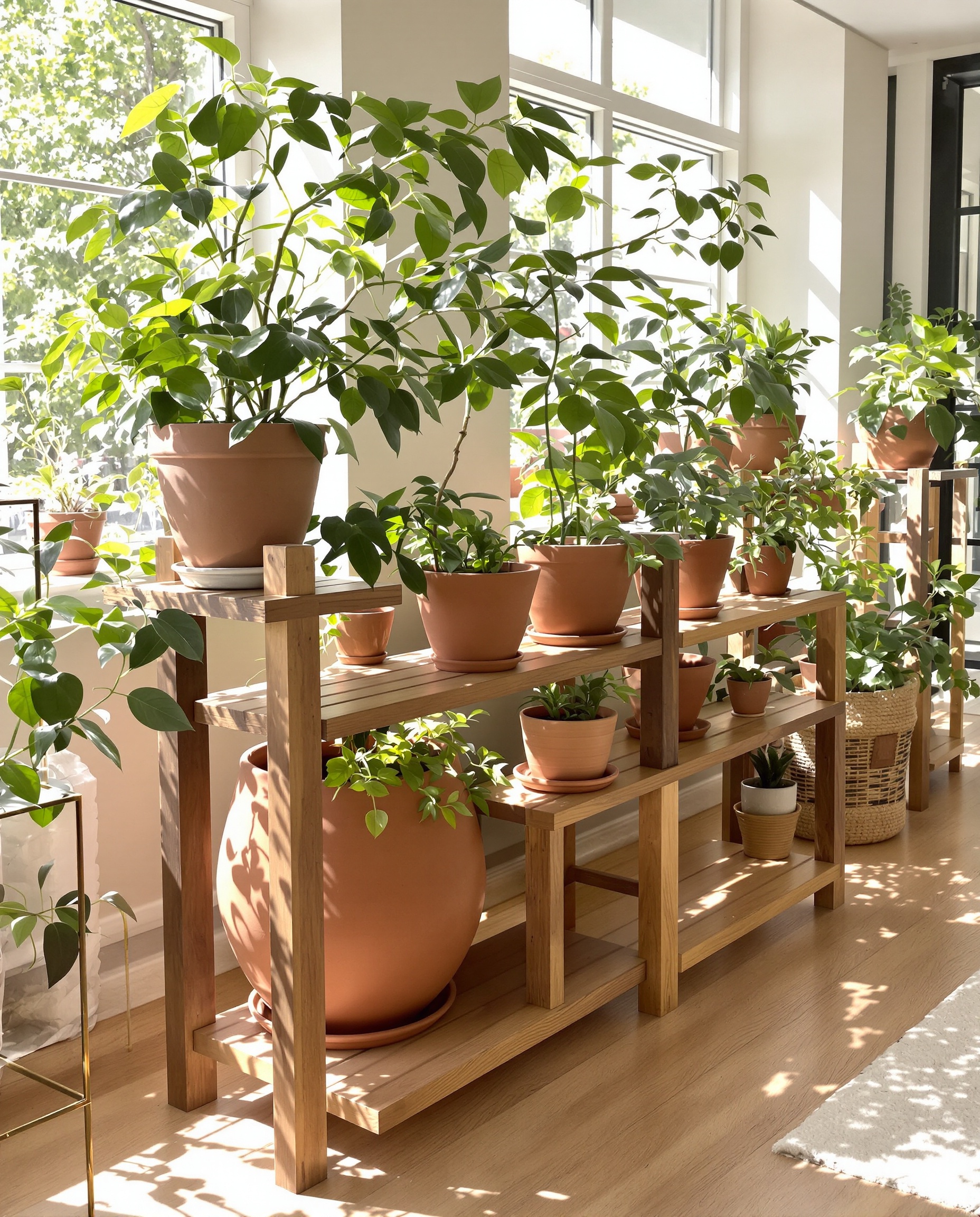 étagère bois massif pot lourd intérieur lumineux