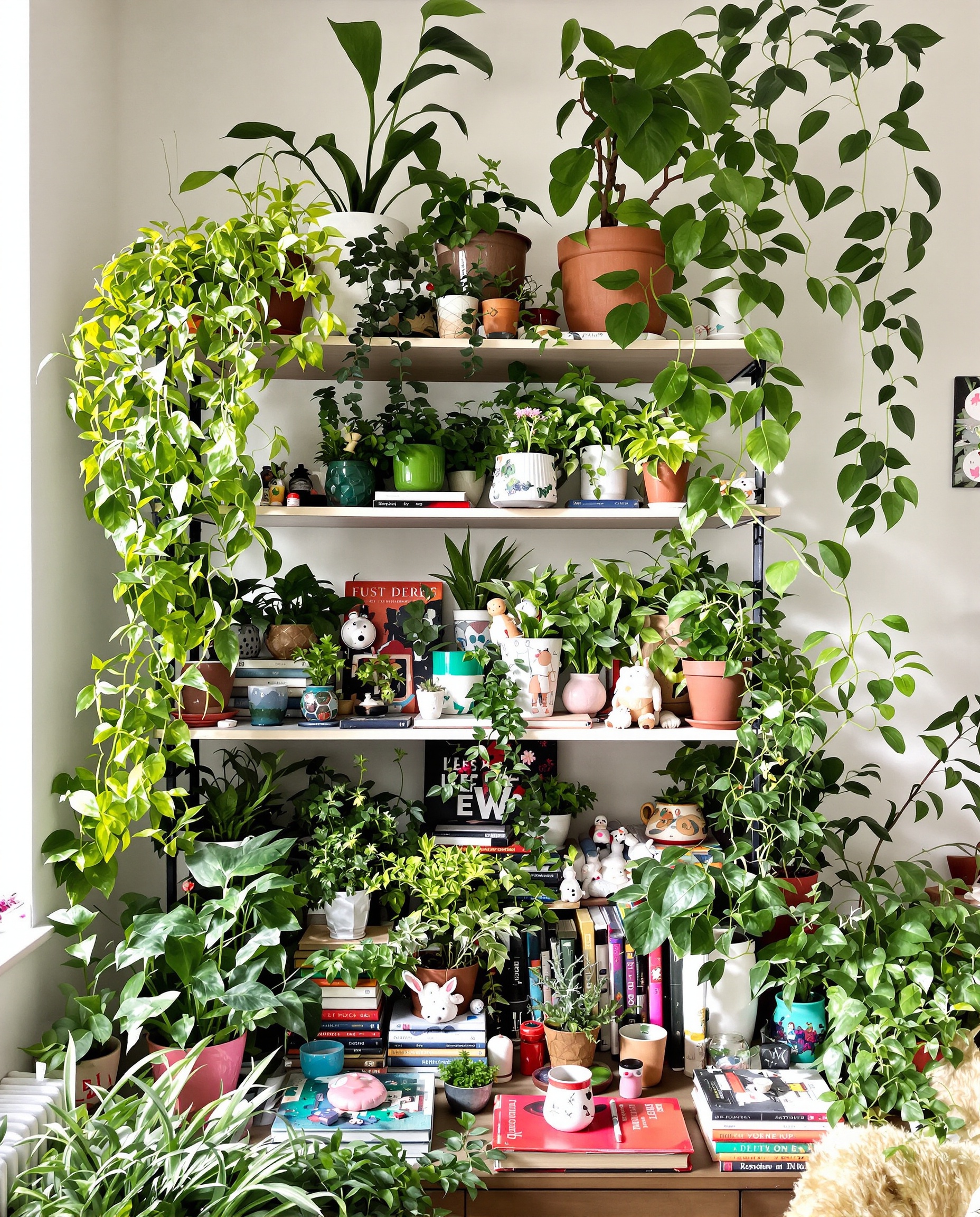 étagère à plantes éclectique pots dépareillés livres bibelots