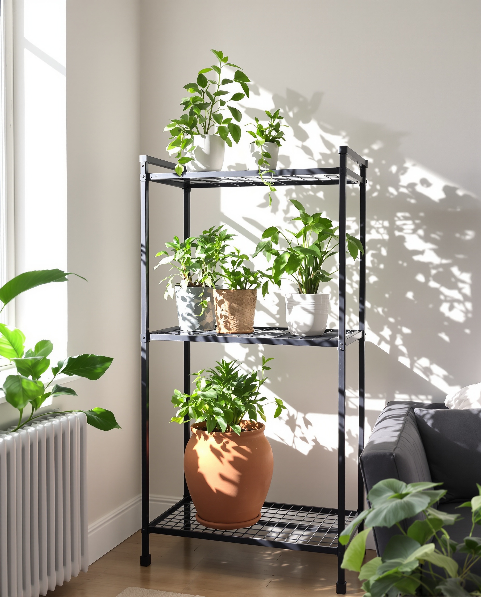 étagère à plantes en métal noir style industriel minimaliste