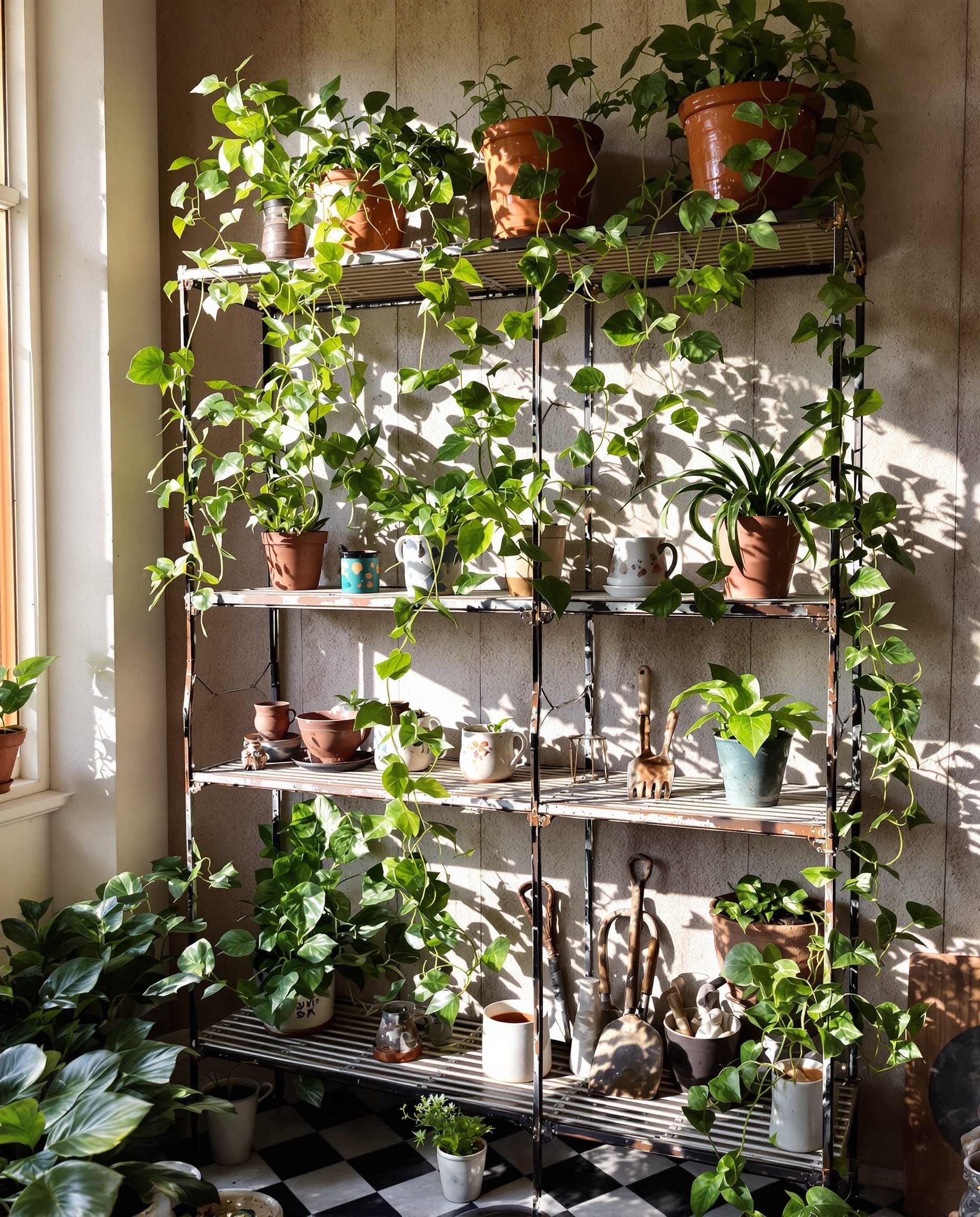 étagère à plantes vintage patiné trouvée en brocante