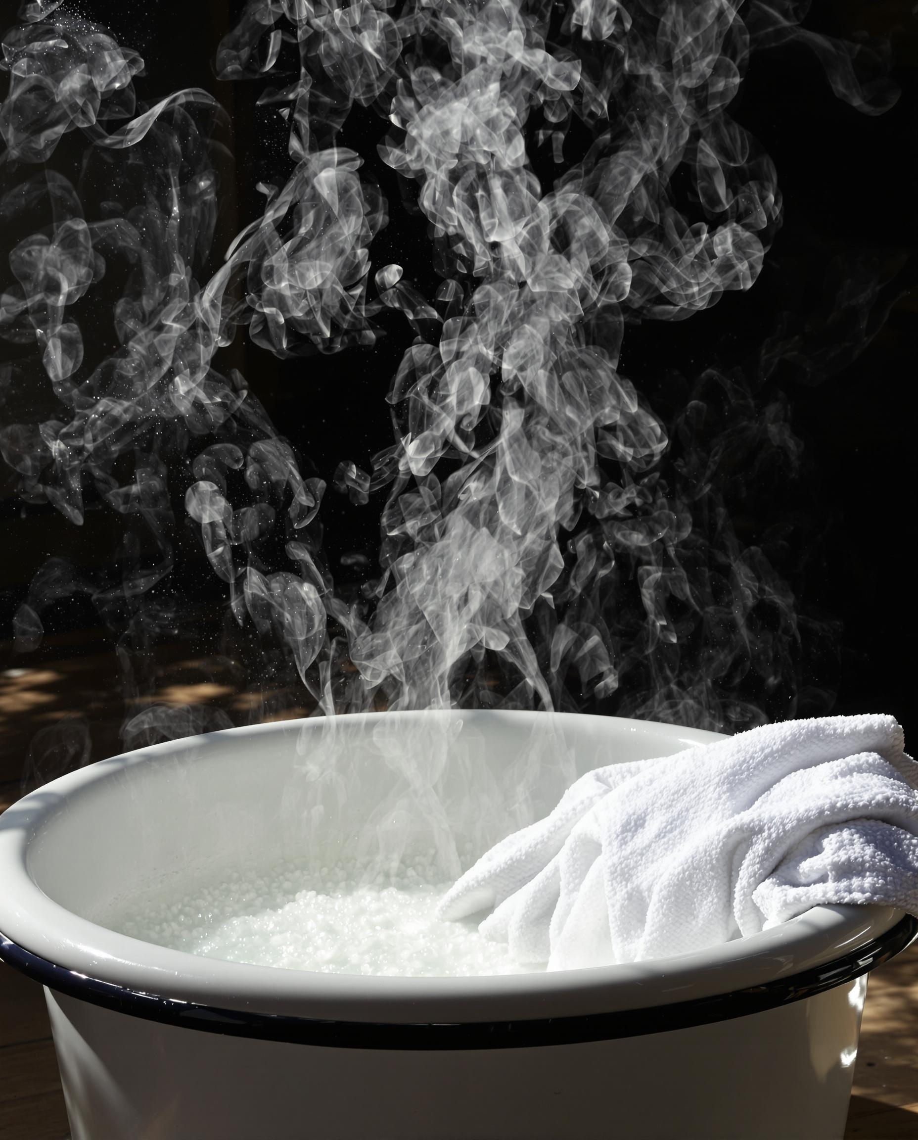 Trempage de linge blanc avec cristaux de soude et vapeur
