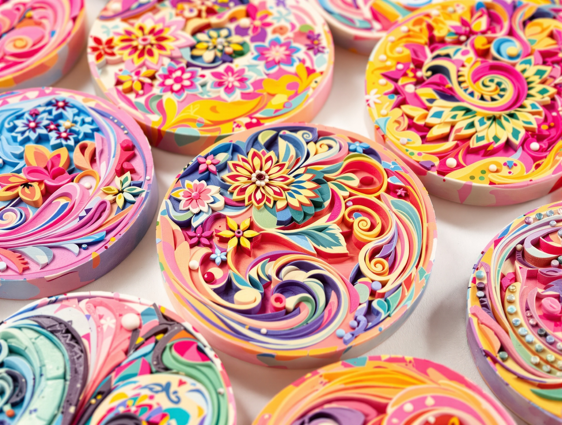 Motif floral détaillé réalisé avec la technique de la cane Fimo.