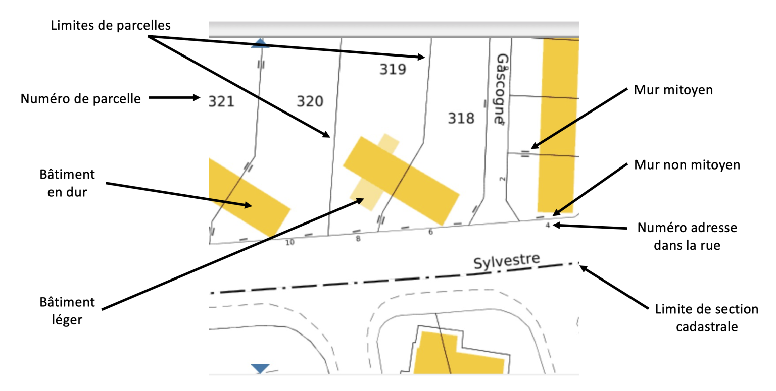 Extrait de cadastre montrant l’emplacement d’un poteau électrique sur terrain privé.