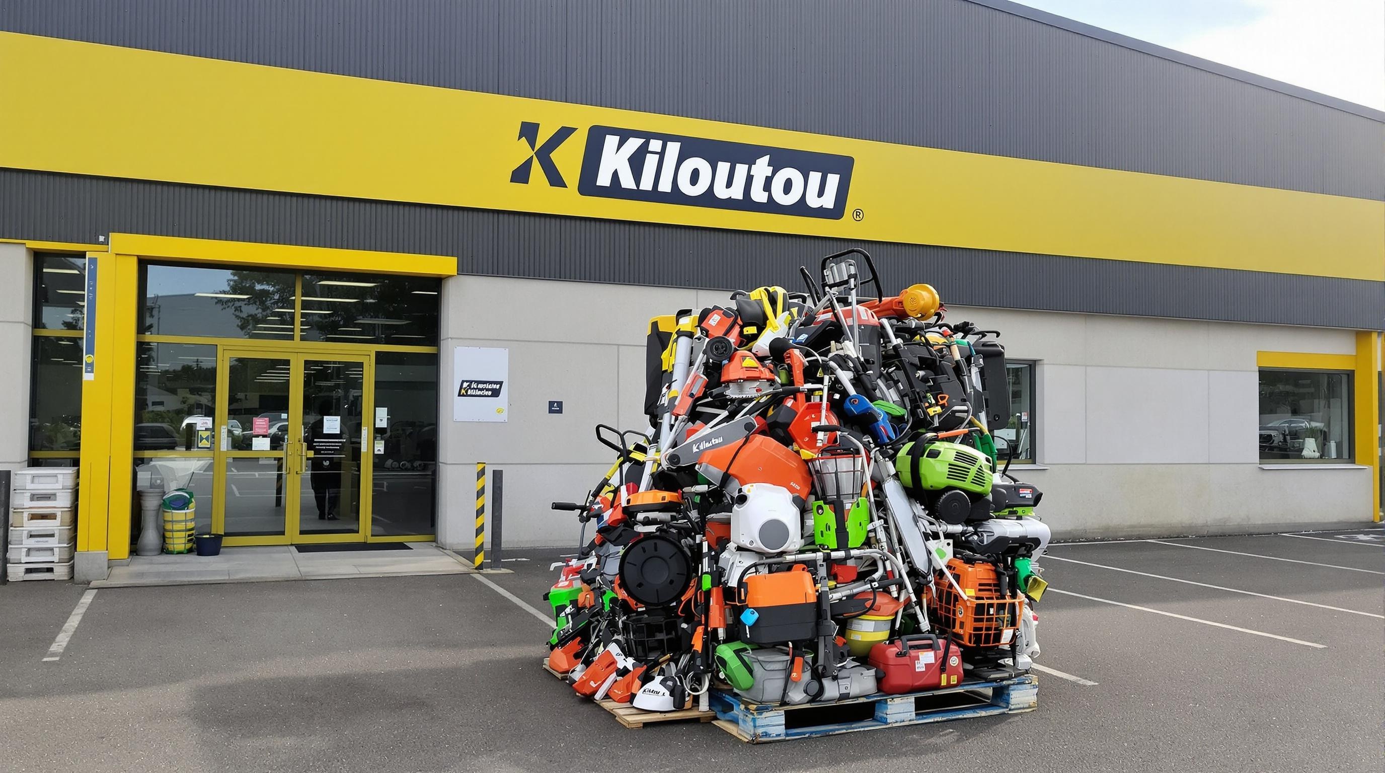 Façade d'un dépôt Kiloutou avec outillage pour espaces verts