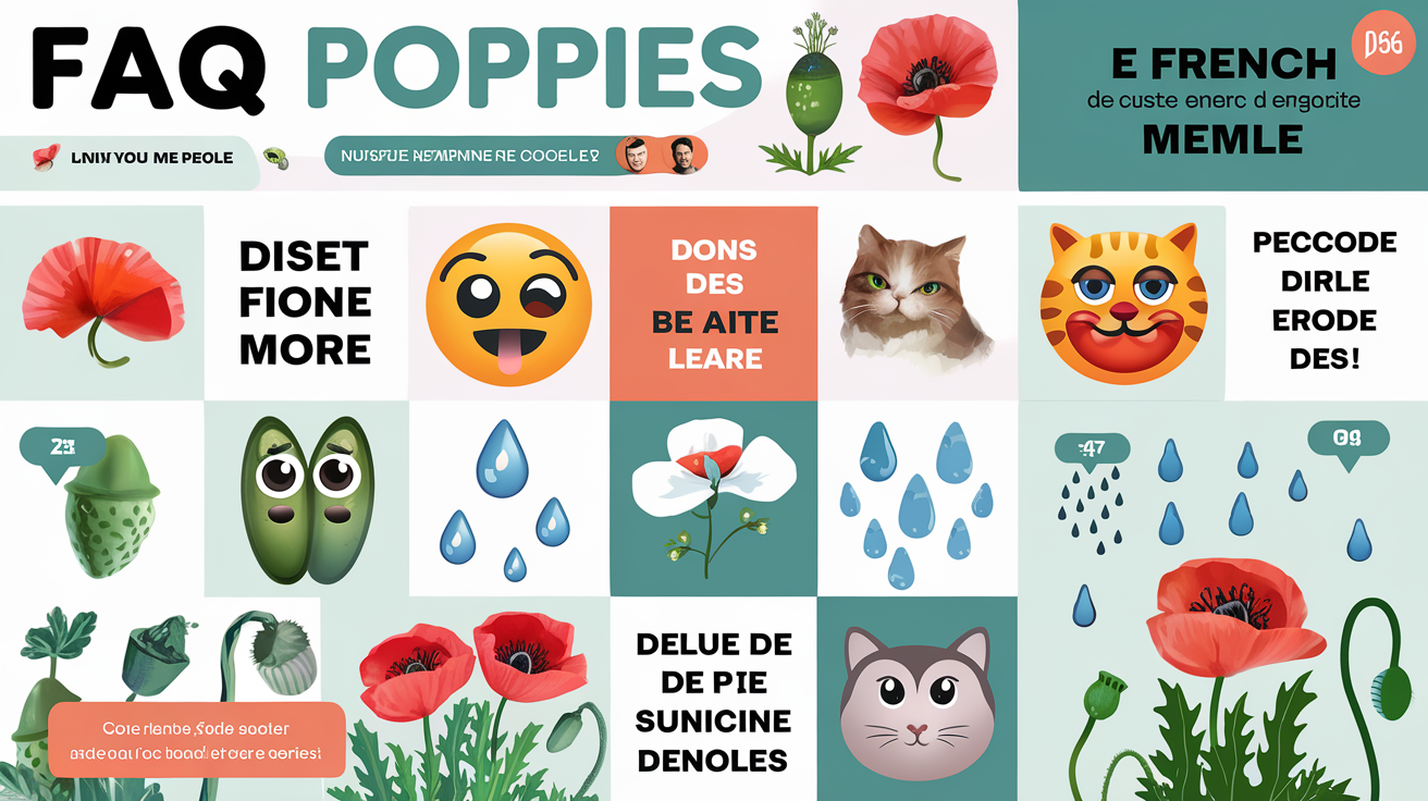 Tableau FAQ express pavot, ambiance emoji et botanique décalée