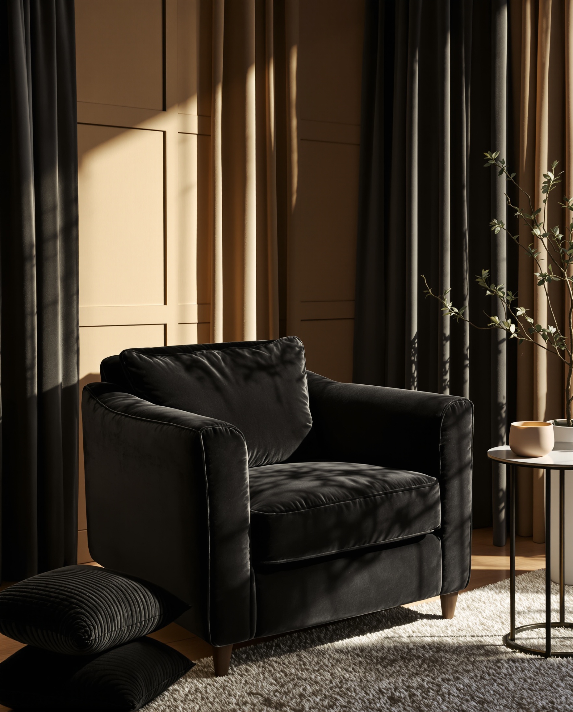 Fauteuil club en velours ras noir et coussin en velours côtelé noir dans une déco chaleureuse