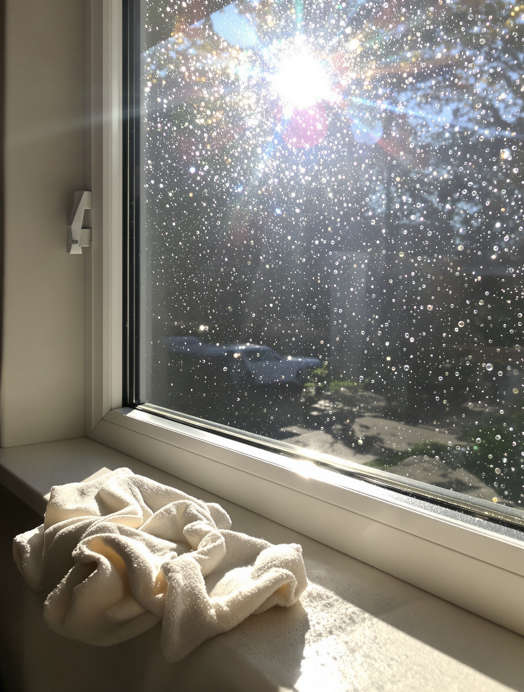 Une fenêtre parfaitement propre et étincelante, avec un reflet du soleil, obtenue grâce au nettoyage avec de la cendre de bois.