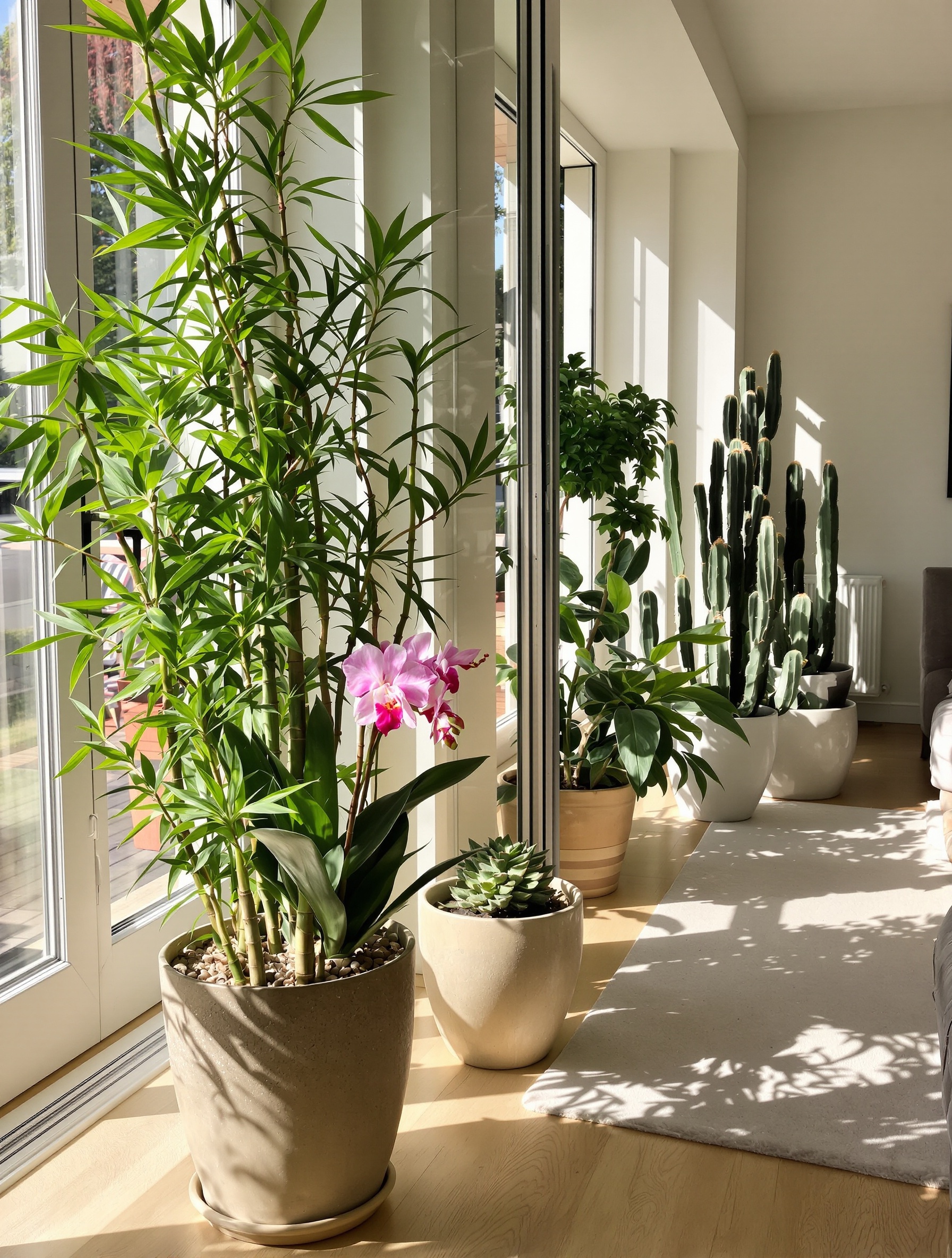 Plantes porte-bonheur style Feng Shui et plantes déconseillées disposées dans un salon lumineux.